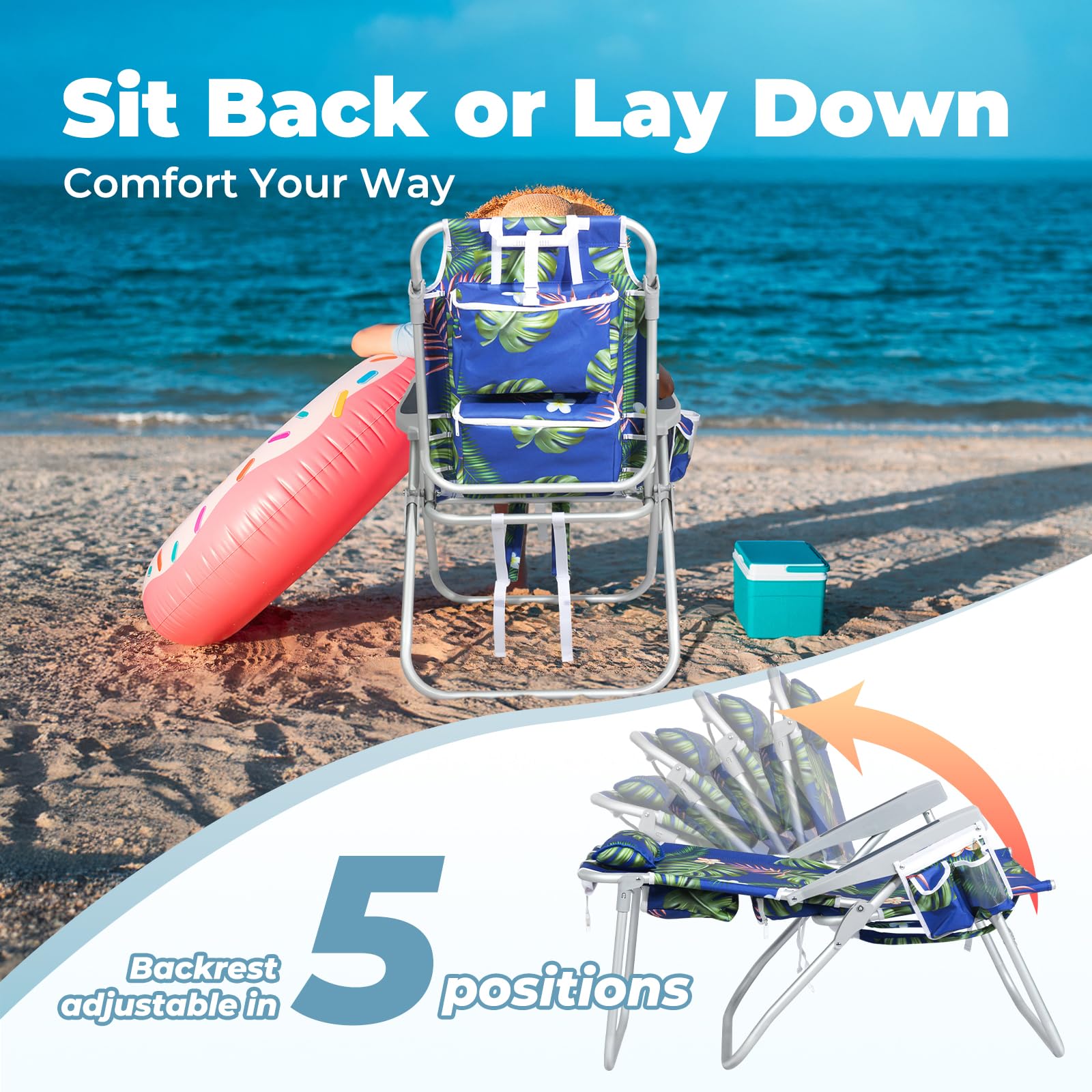 Best Tall Beach Chairs for Adults - 5-Position Reclining Backpack Chair with Large Insulated Cooler & Storage Pocket, Durable Aluminum Frame, Portable Folding Design for Travel, Camping & Outdoor Activities, Supports 300lbs - Tropical Palm Print for Beach, Poolside & Backyard Relaxation