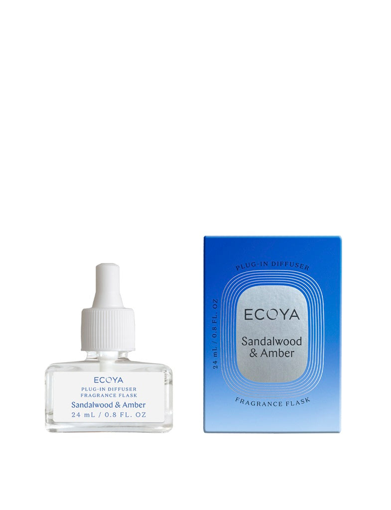Ecoya Plug In Diffuser Fragrance Flask - Sandalwood & Amber Scented Oil for Home & Office Aromatherapy | Long-Lasting Air Freshener for Bedroom, Living Room & Bathroom