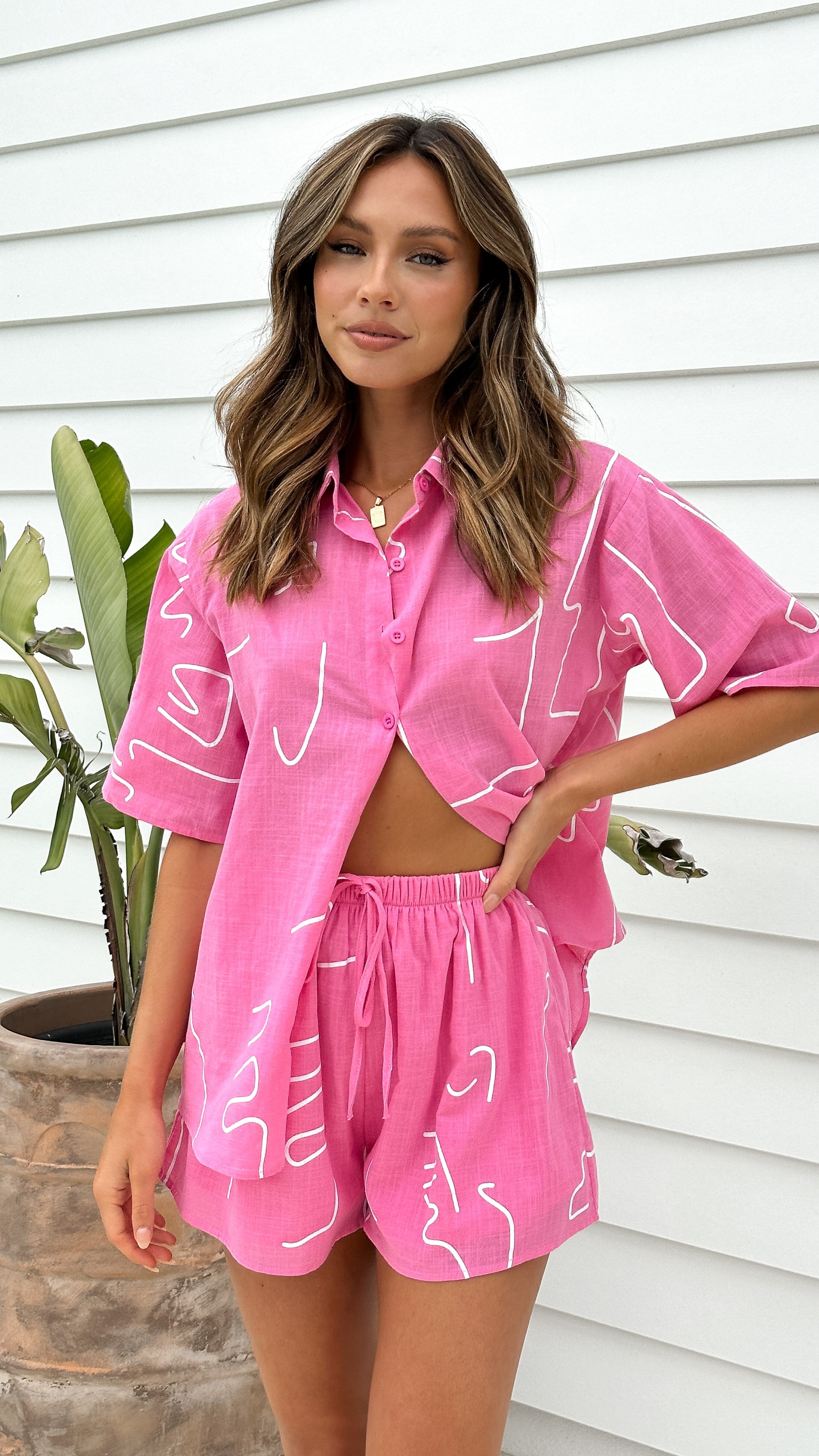 Charli Button Up Shirt and Shorts Set - Pink & White Squiggle Print | Casual Summer Outfit for Women | Perfect for Beach Vacations, Picnics, and Weekend Outings
