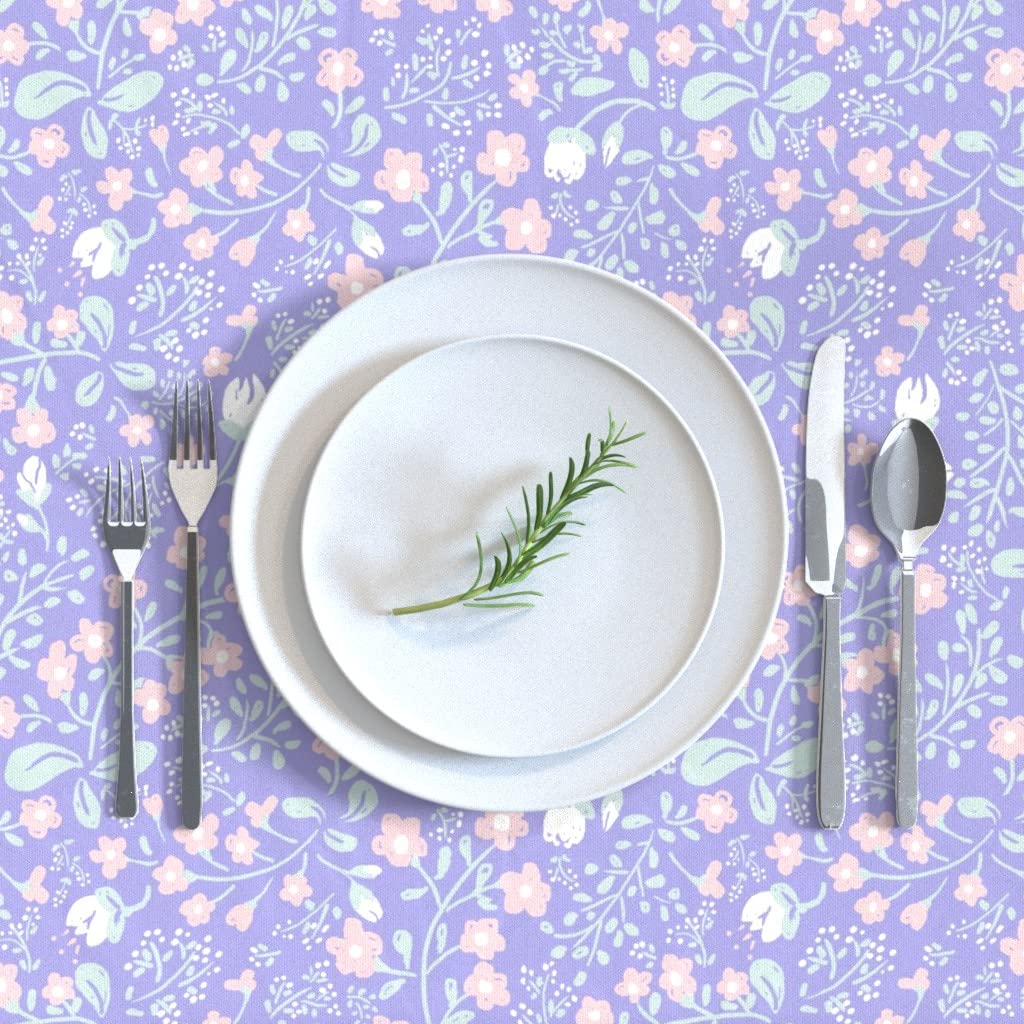 Custom Lilac White Floral Cotton Sateen Tablecloth 70x144 Inches - Spring Easter Baby Shower Decor, Purple Printed Dining Table Linens for Home & Party Decorations