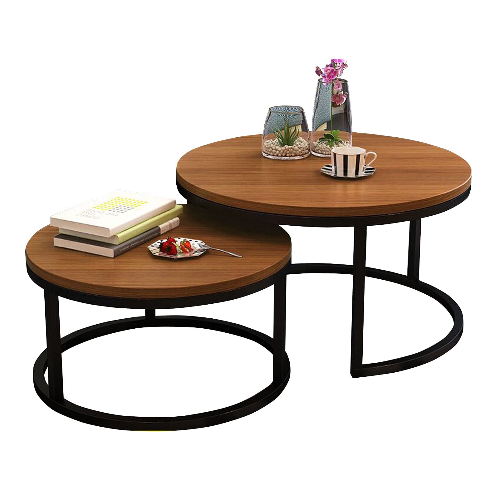 Modern Round Wooden Coffee Table Set of 2 - Rustic Brown for Living Room & Balcony