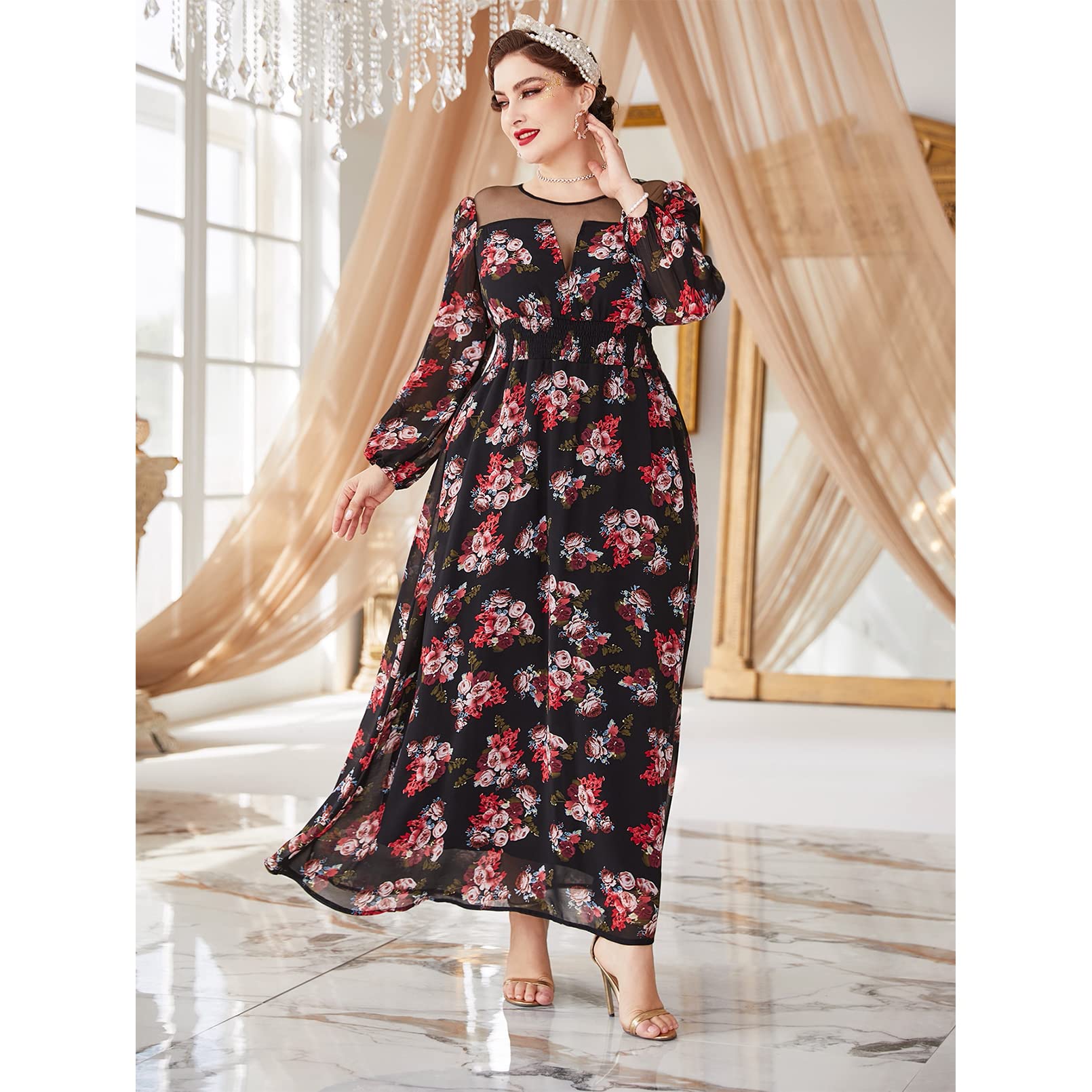 Plus Size Floral Printed Elegant Deep V Neck Lace Maxi Dress for Women | Sexy & Stylish Long Dress for Evening Parties, Weddings & Special Occasions