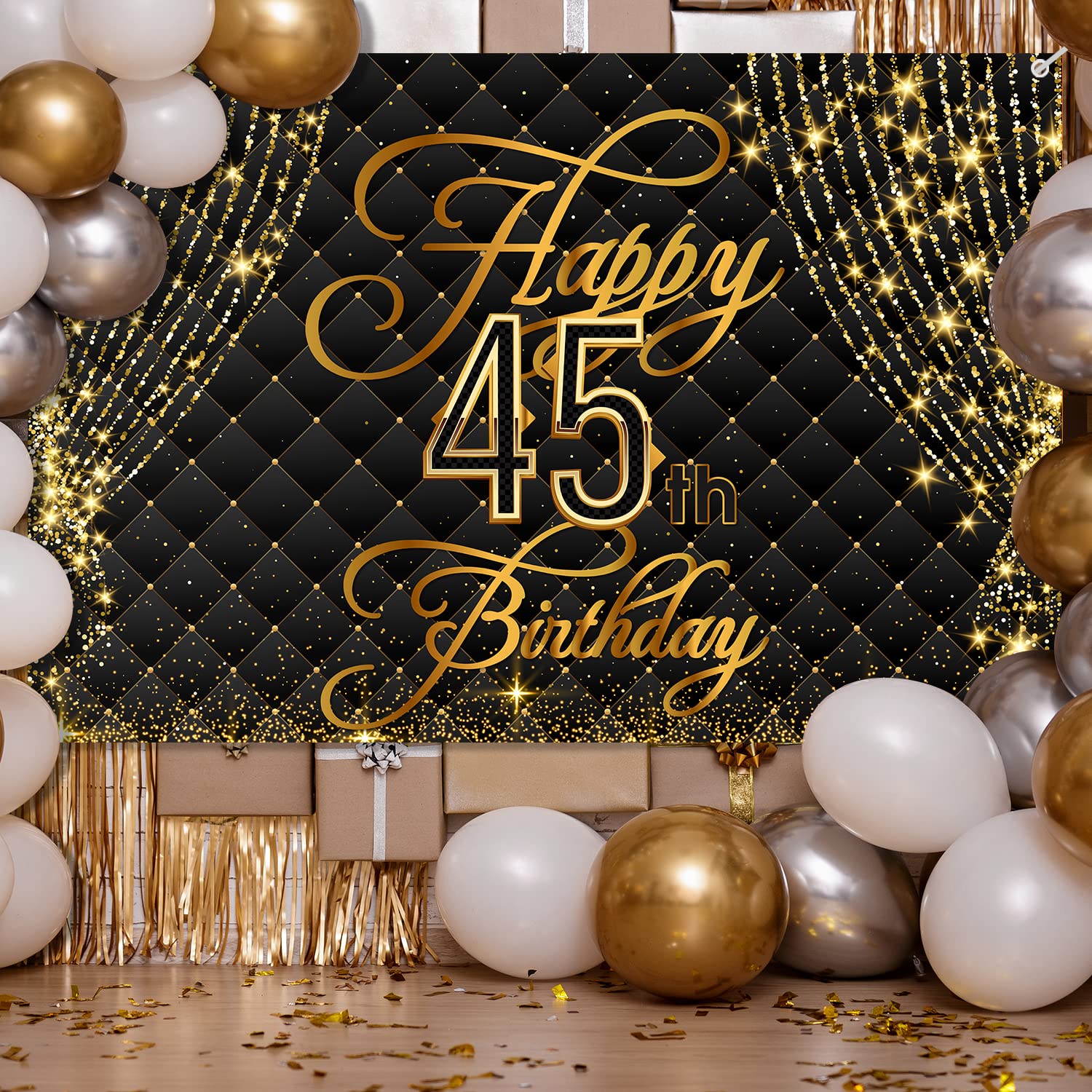 45th Birthday Banner Backdrop - Black & Gold Royal Curtain Decor for Women & Men | Photography Party Supplies | Perfect for Anniversary Celebrations, Milestone Parties & Photo Booths