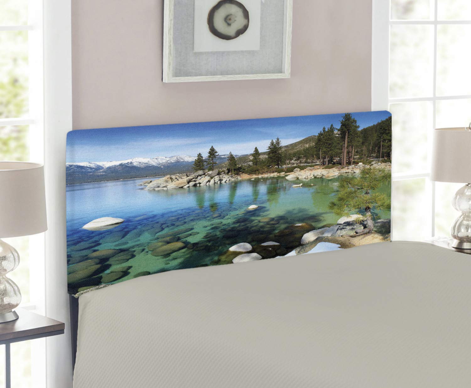 Ambesonne Lake Tahoe Upholstered Headboard - Scenic Mountain & Snow Landscape, Twin Size Metal Bed Headboard with Memory Foam | California Summer Decor for Bedroom, Guest Room & Vacation Homes