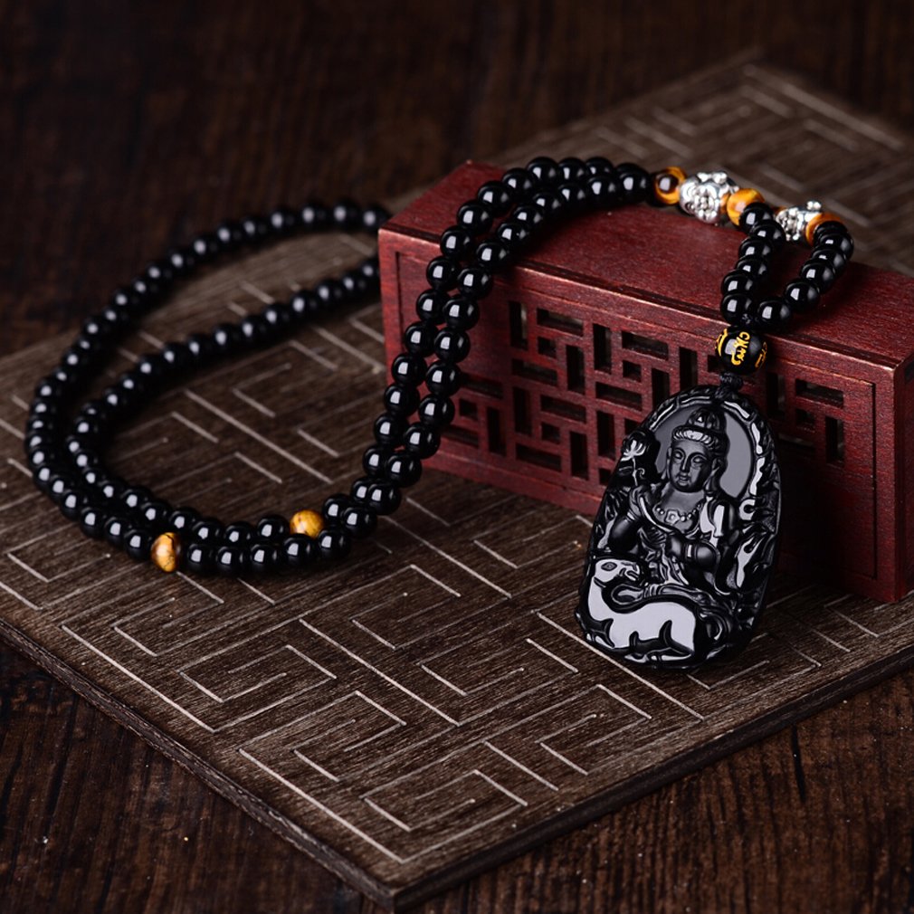 Natural Obsidian Pendant Necklace for Women & Men - Zodiac Bodhisattva Amulet Talisman with White Copper Buddha Charm | Spiritual Protection Jewelry for Meditation, Yoga & Daily Wear