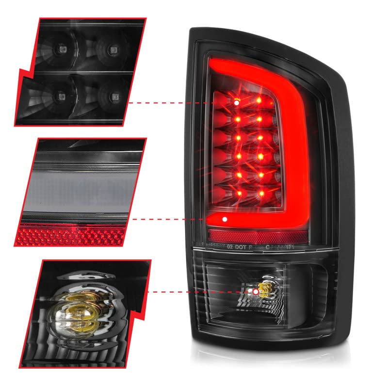 ANZO 311368 LED Tail Lights with Light Bar for 2002-2006 Dodge Ram 1500 - Black Housing & Clear Lens - Upgrade Your Truck's Style & Visibility for Night Driving & Off-Road Adventures