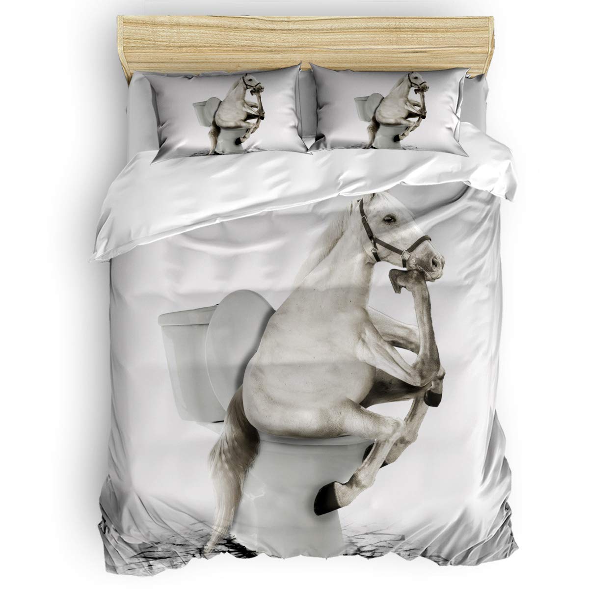 Luxury 4-Piece Full Size Bedding Set - Funny Horse Sitting on Toilet Design | Duvet Cover, Comforter, Sheet & Pillow Shams for Kids, Teens & Adults | Perfect for School, Dorm Rooms & Animal Lovers