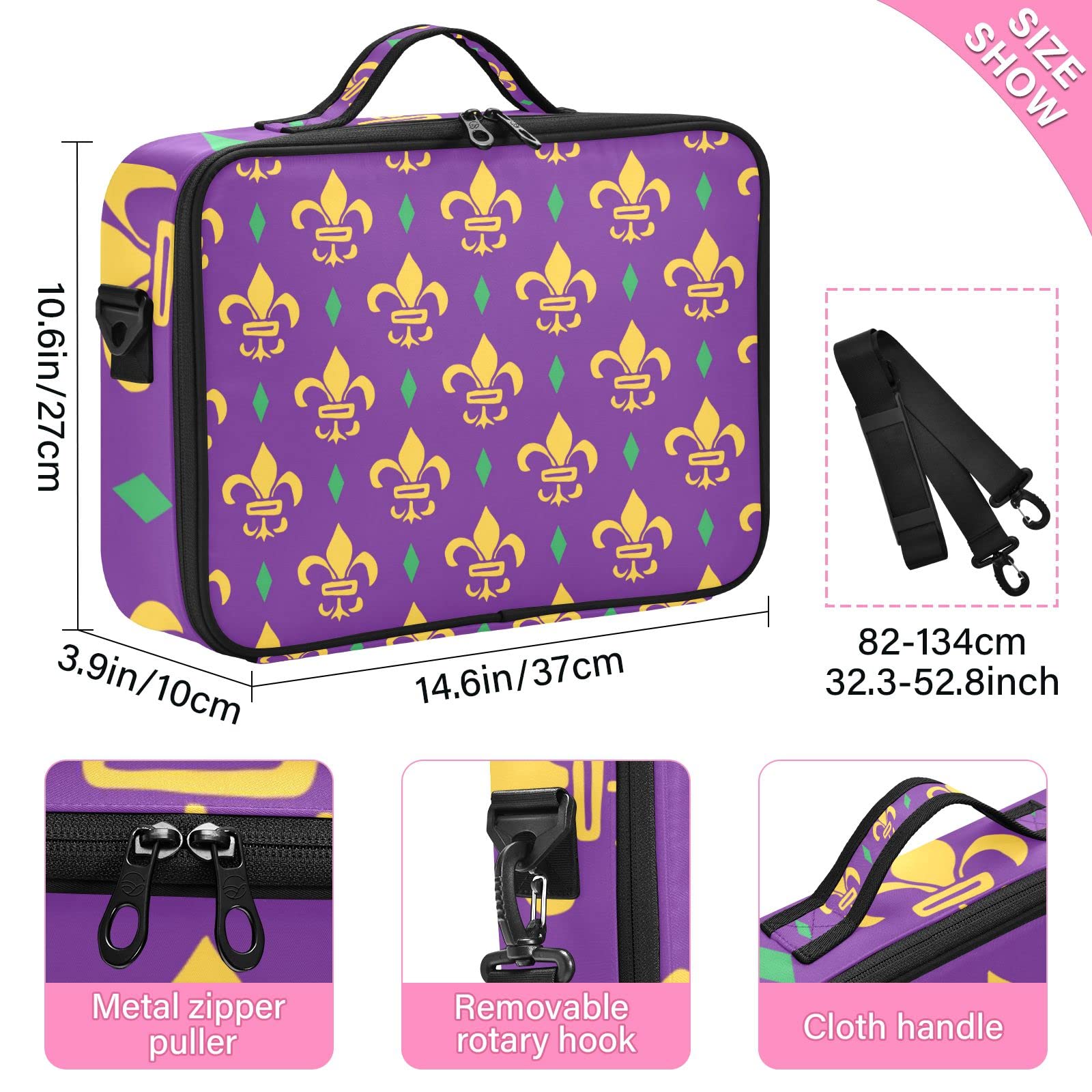 Premium Scottish Highland Cow Makeup Cosmetic Organizer Bag with Adjustable Dividers - Large Toiletry Case for Travel & Storage (Mardi Gras Purple Pattern) - Perfect for Travel, Home Organization & Gift Giving