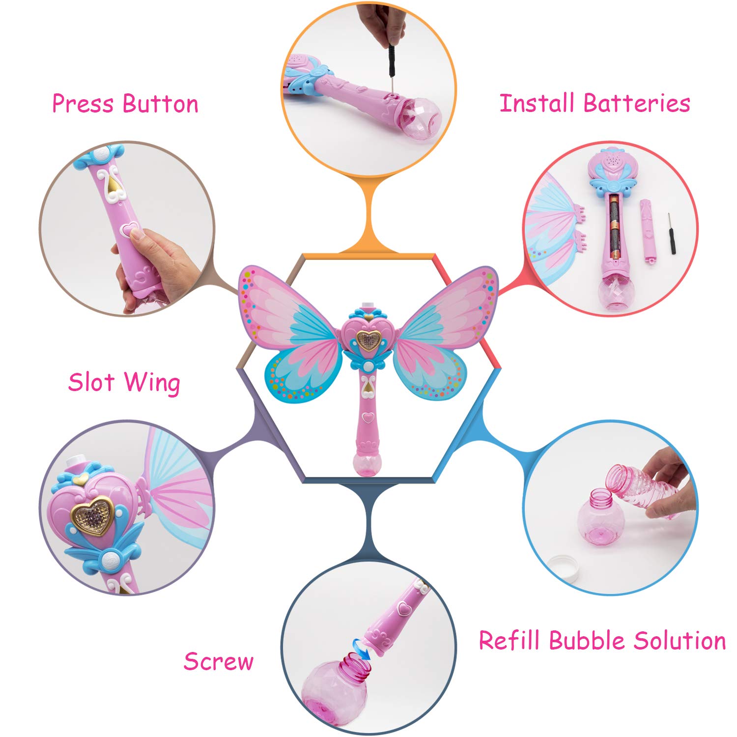 Pink Crefun SB9321 Musical Light Up Bubble Blaster - Safe Durable Handheld Bubble Machine with 2 Bubble Solutions | Bubble Wand Party Favors for Girls Birthday, Outdoor Play, Summer Activities & Kids Party Games