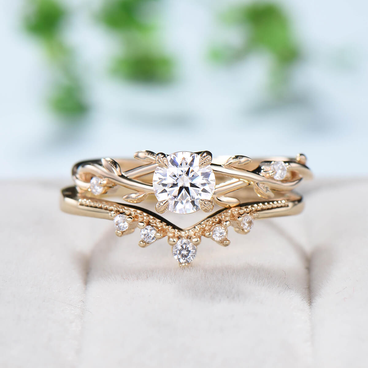 5mm Round Brilliant Moissanite Engagement Ring Set - Nature Inspired Leaf Branch Wedding Band, Unique Twig Bridal Jewelry for Women | Perfect for Proposals, Anniversaries & Romantic Occasions
