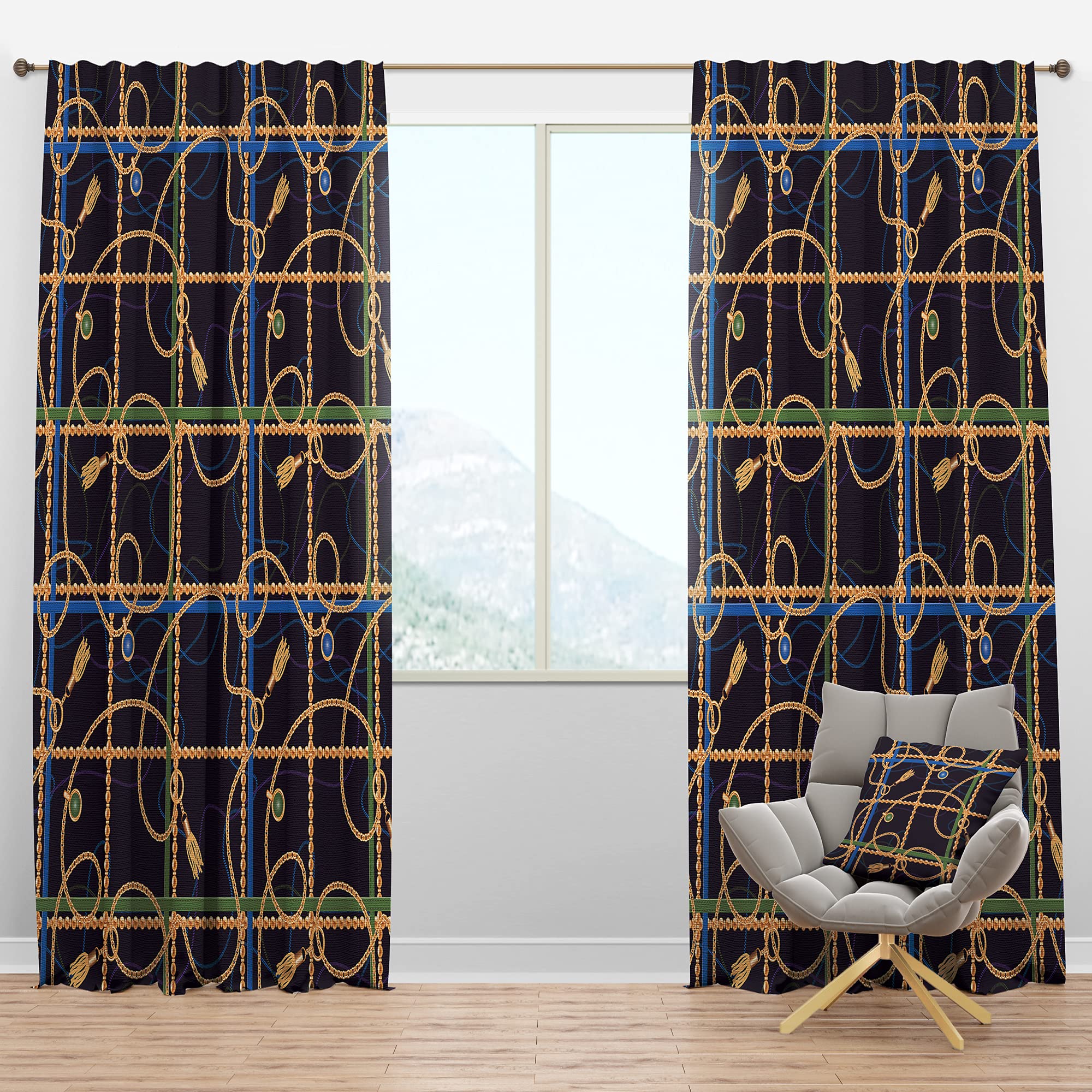 DesignQ Blackout Curtains with Trendy Gold Chain Pattern - Thermal Insulated Single Panel (52x120 inches) for Bedroom & Living Room - Perfect for Light Blocking, Privacy & Temperature Control