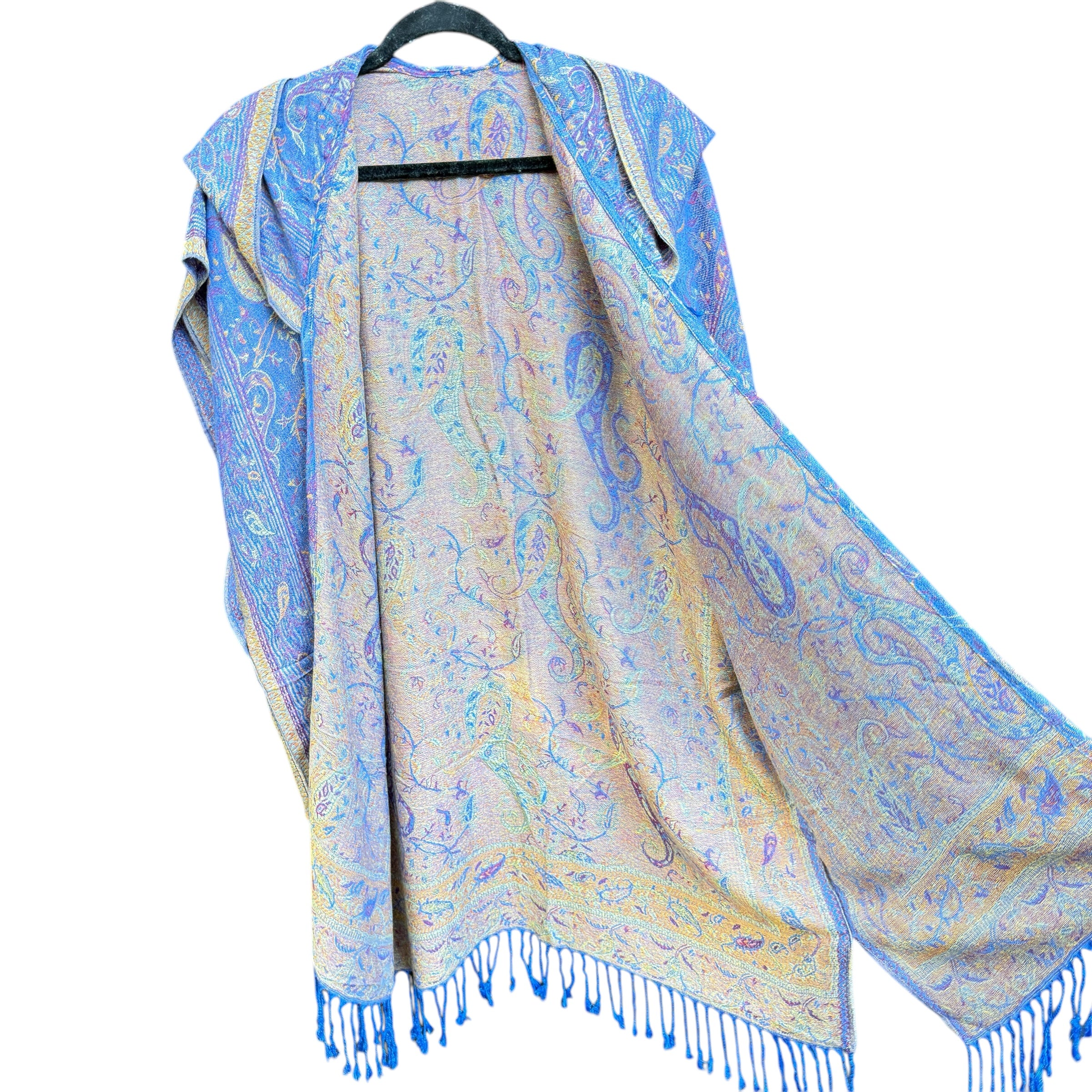 Royal Blue Paisley Pashmina Hooded Kimono - Soft Lightweight Wrap Cardigan for Women - Perfect for Yoga, Beach Cover-Up & Boho Fashion