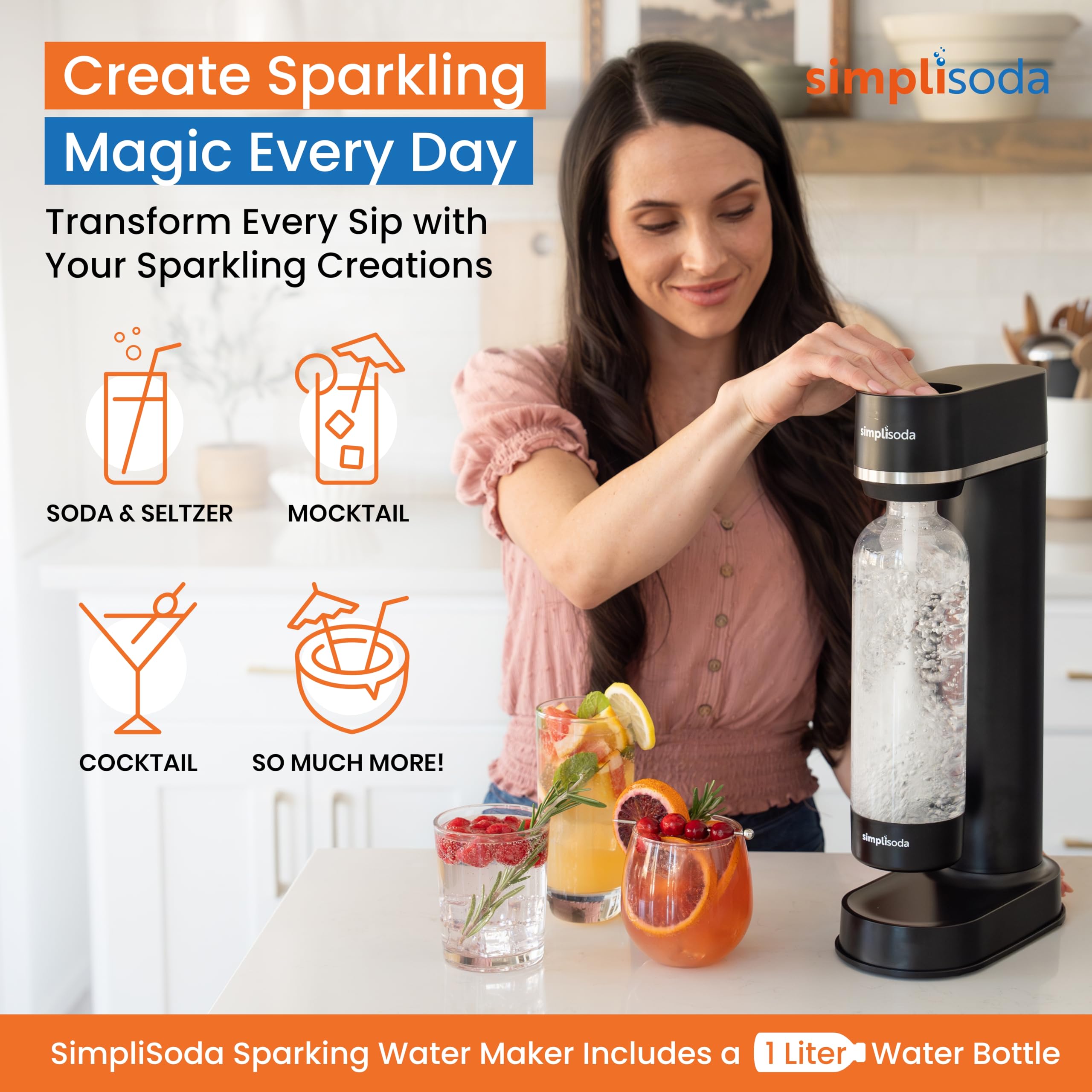 BLÜ Sparkling Water Maker Machine - Premium Home Carbonated Water & Soda Stream System for Healthy Drinks - DIY Sparkling Water, Soda, Cocktails (Black) | Kitchen, Office, Party Use