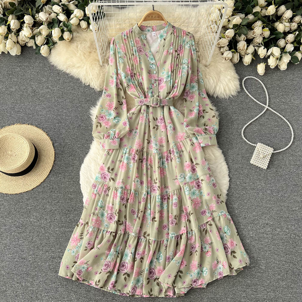 Elegant Floral Chiffon V-Neck Long Sleeve Dress for Women - Spring Fairy Sweet Dress - Perfect for Weddings, Parties & Romantic Dates