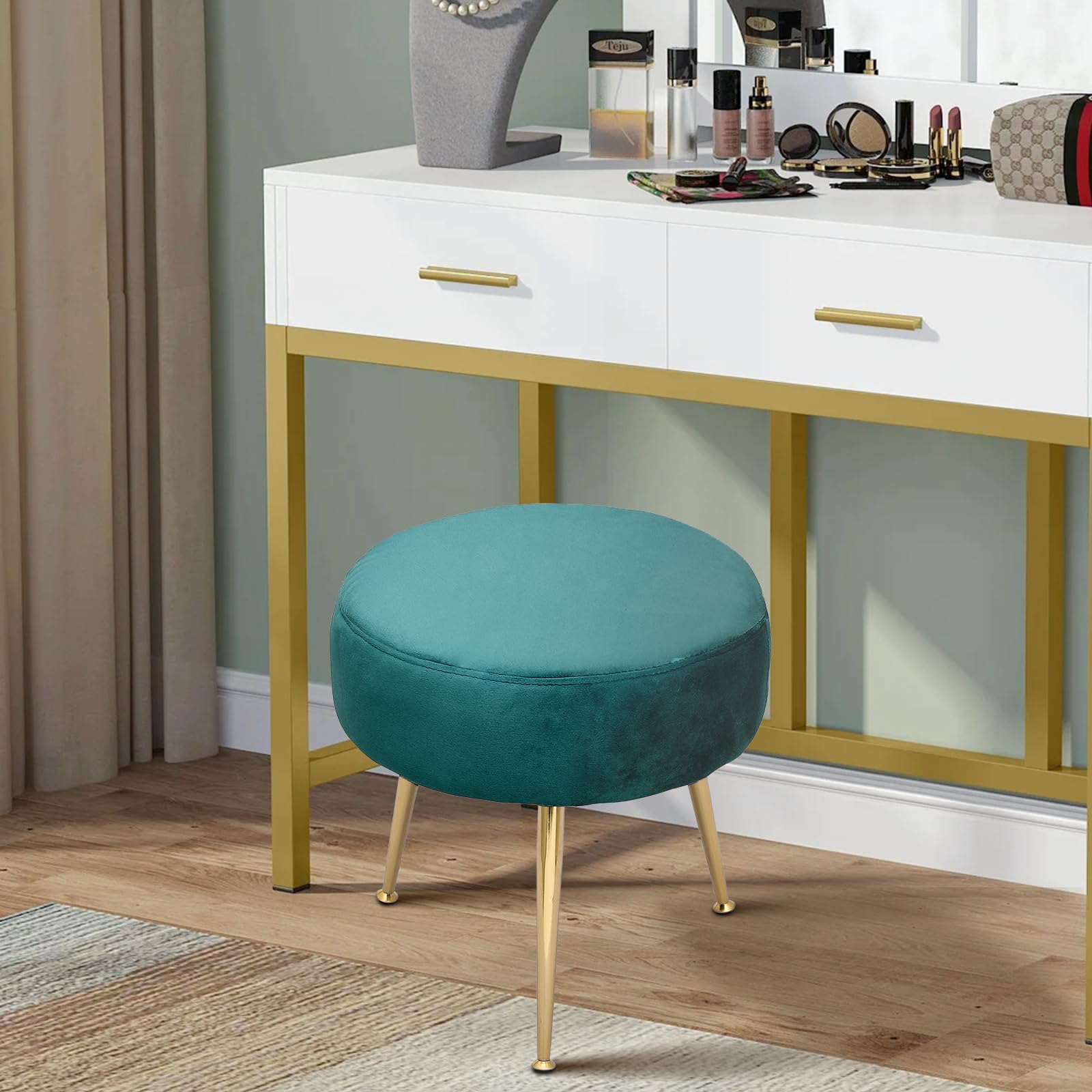 Magshion Velvet Vanity Stool - Round Ottoman Makeup Chair with Sturdy Metal Legs, Small Footstool for Dressing Room, Bedroom & Living Room | Elegant Green Velvet Upholstery | Perfect for Makeup Vanity, Lounging & Home Decor
