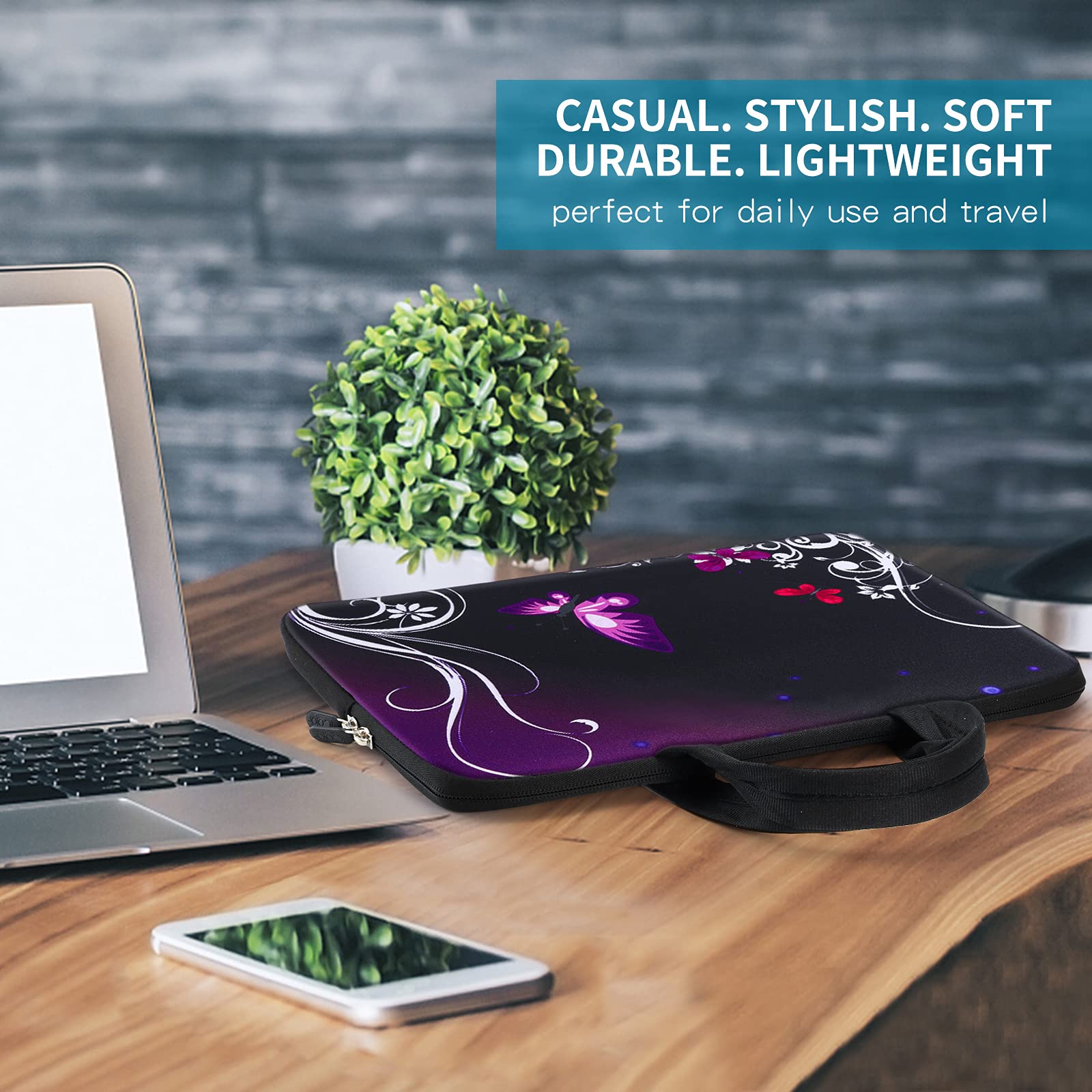Premium Neoprene Laptop Sleeve Case for 11-12.5 Inch MacBook Air, Chromebook, Ultrabook & Tablet - Lightweight Protective Cover with Purple Butterfly Design - Perfect for Travel, Office & School Use