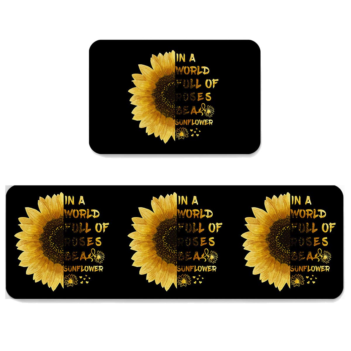 LooPoP Anti-Fatigue Kitchen Rugs and Mats Set - 2 Piece Non-Slip Waterproof Cushioned Floor Mats with Sunflower Design & Inspirational Text - Perfect for Standing Comfort in Kitchens, Laundry Rooms & Workspaces