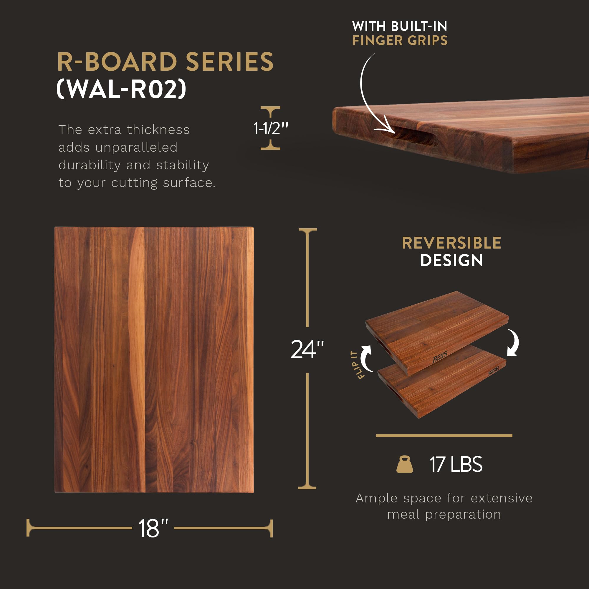 John Boos Block R-Board Reversible Walnut Wood Cutting Board 24x18x1.5 Inch - Premium Kitchen Chopping Board for Meat, Vegetables & Food Prep - Perfect for Home Chefs & Professional Kitchens