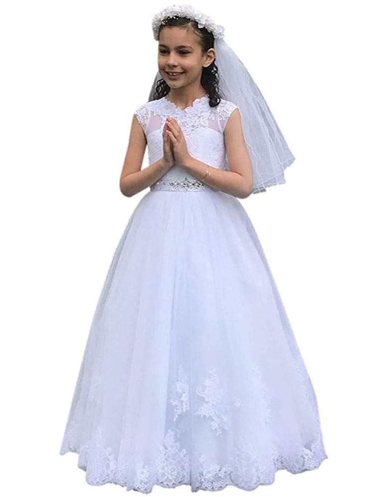 Gzcdress White Holy Communion Dress for Girls Age 7-16 - Elegant Princess Flower Girl Dress for Weddings & First Communion Ceremonies