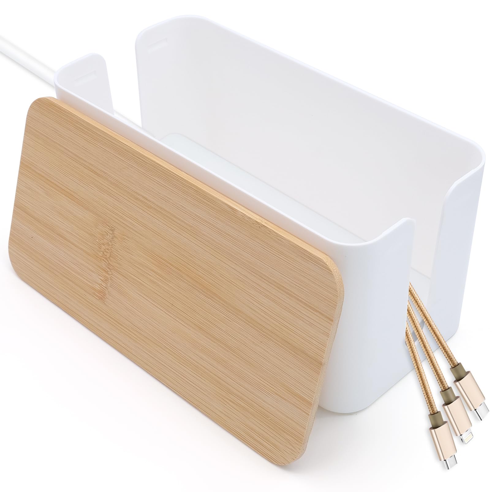 White Cable Organizer Box with Bamboo Lid - Cord Management Solution for Hiding Wires & Power Strips - Perfect for Home Office, Living Room & Bedroom Cable Storage
