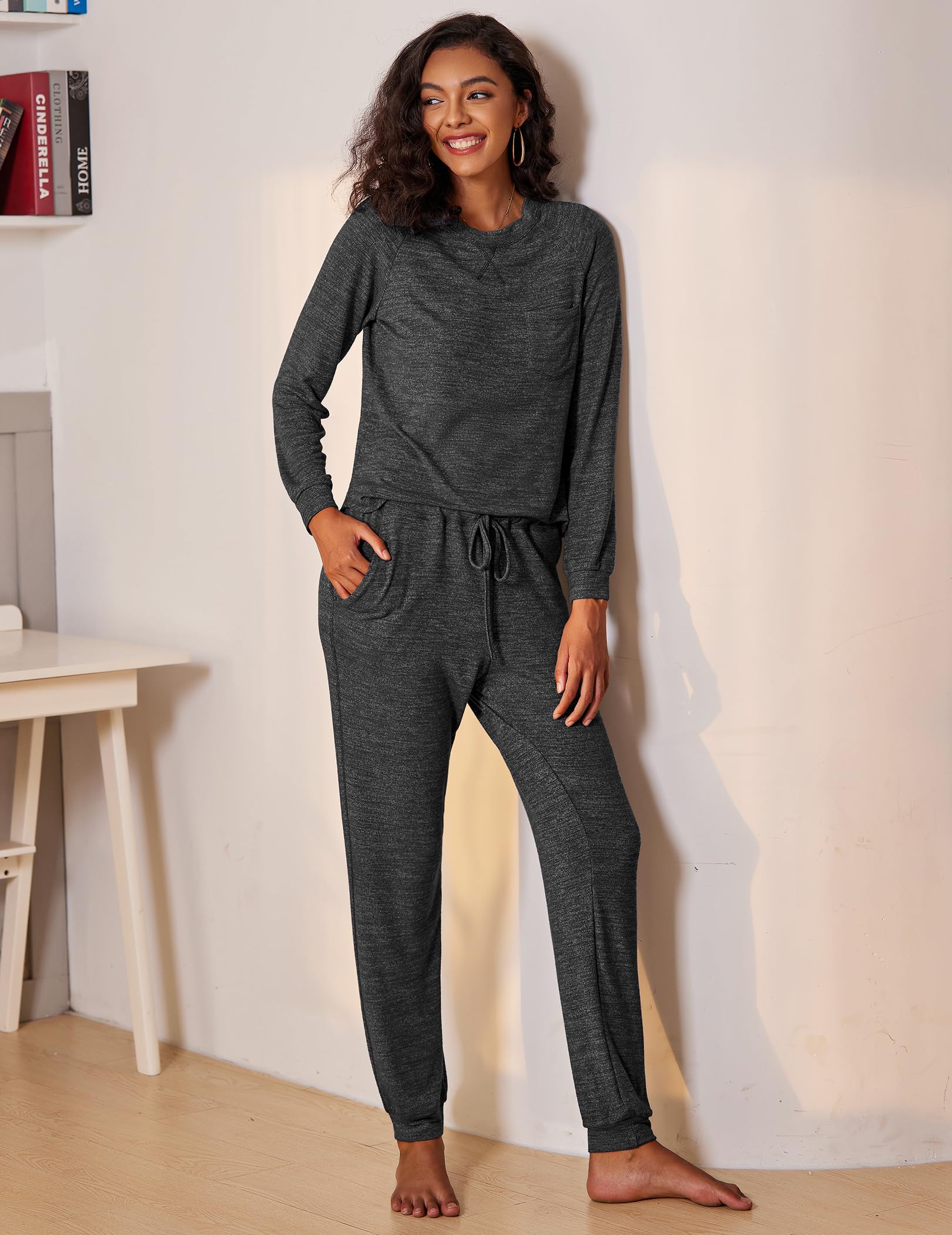 Ekouaer Women's Pajama Set - Soft Long Sleeve Loungewear with Pockets, Comfy Joggers for Sleepwear & Lounge at Home
