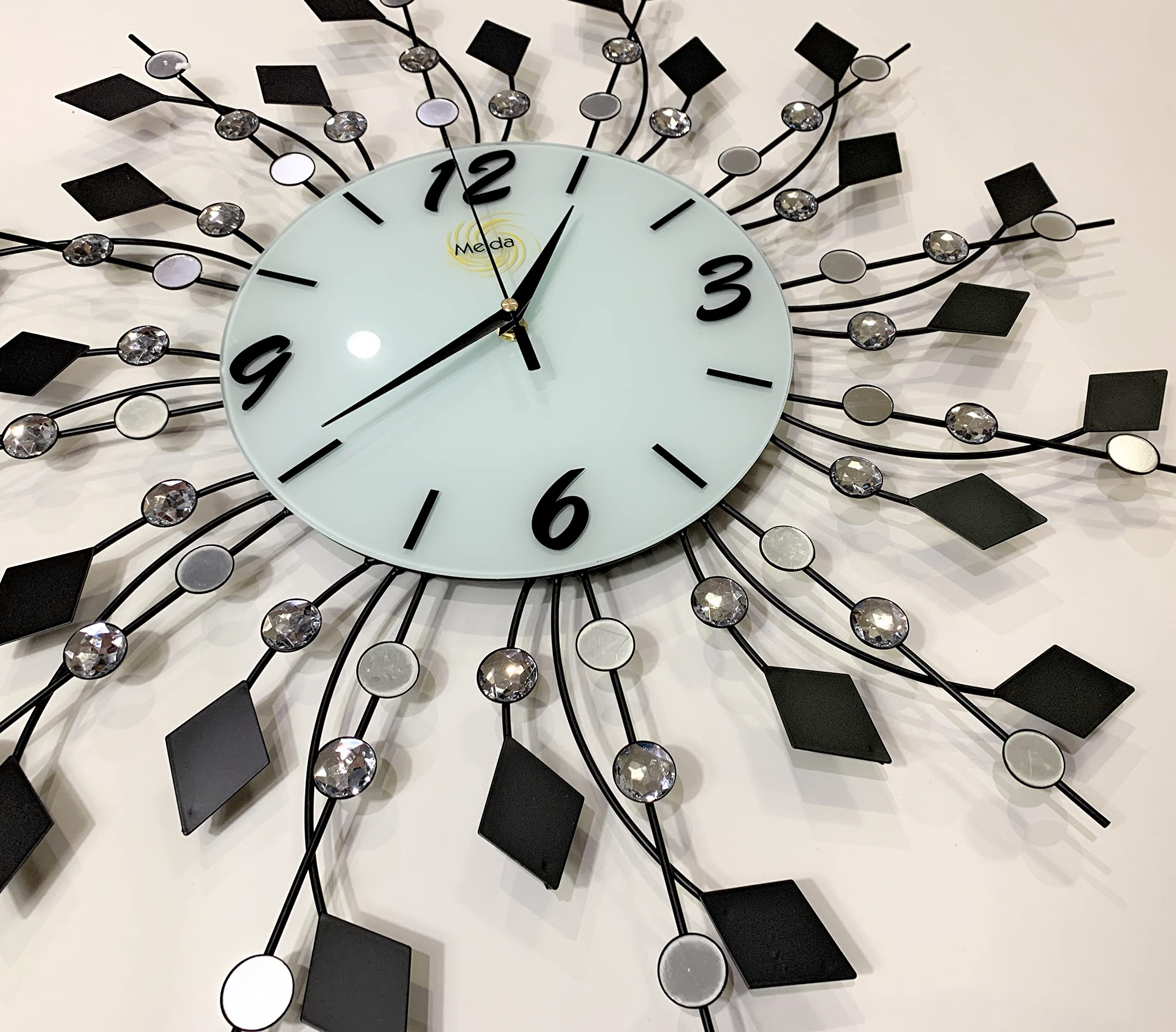 Large Oversized Metal Wall Clock with Glass Face & Crystal Accents - Elegant Home Decor for Living Room, Bedroom, or Office