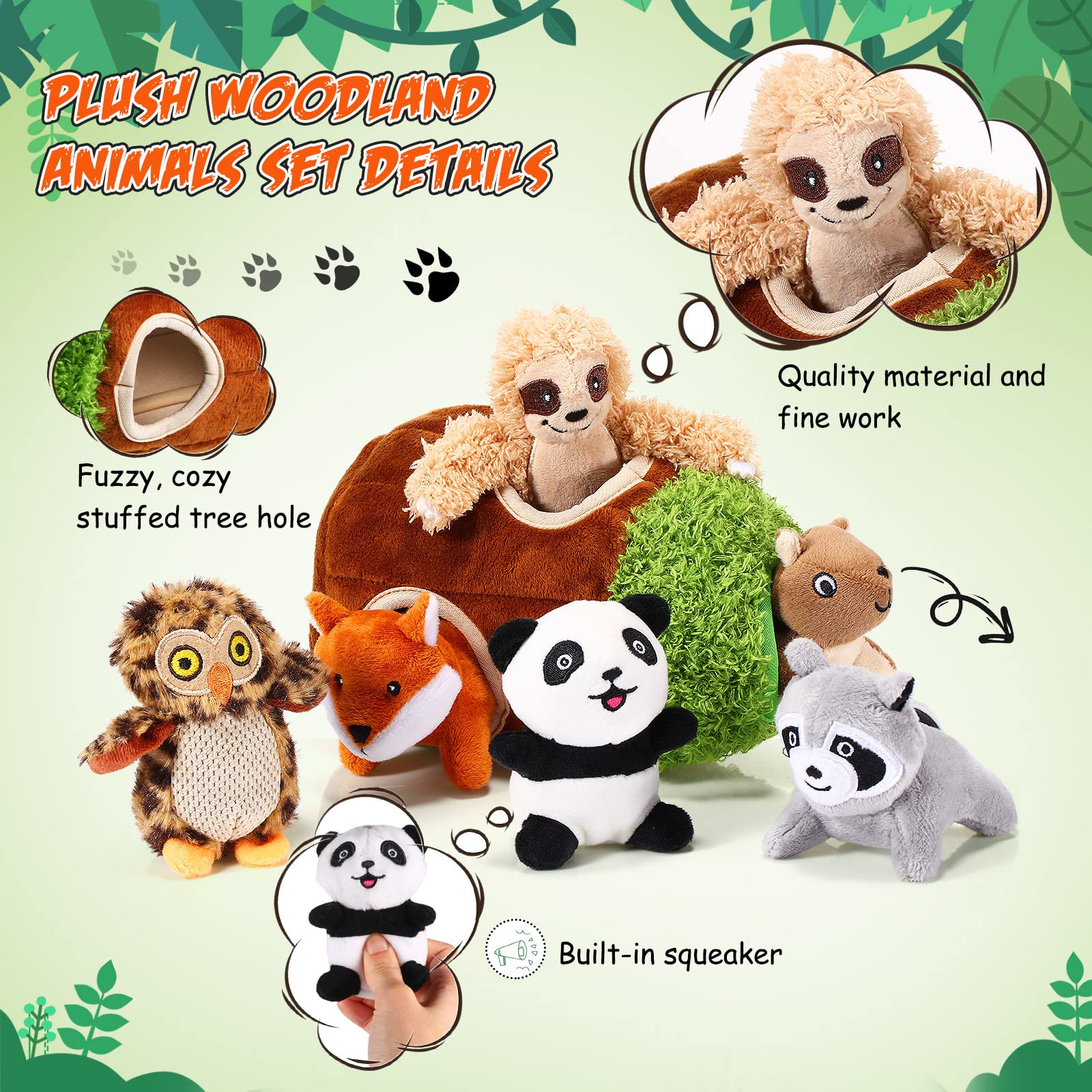 7-Piece Dog Hide and Seek Chew Toys with Squeakers - Plush Woodland Friends Puppy Toys for Small & Medium Dogs - Perfect for Interactive Play, Training, and Teething Relief