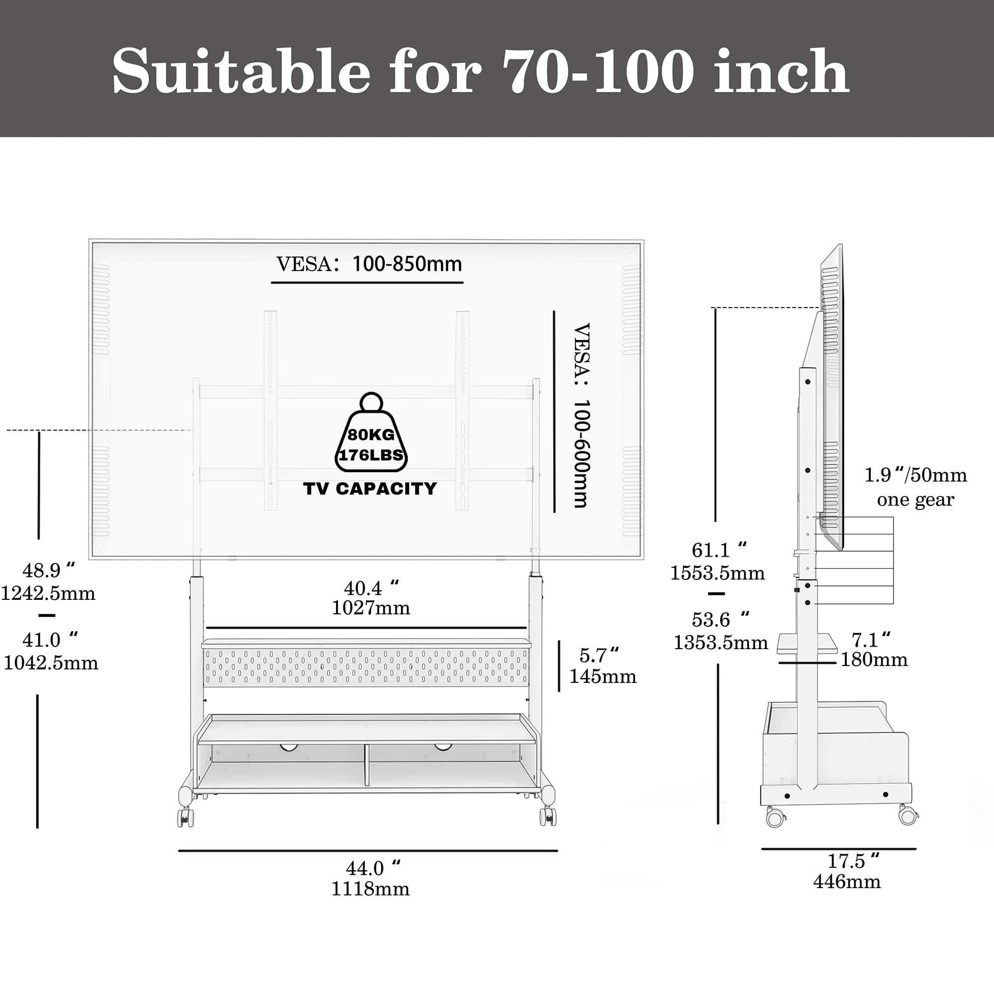 FITUEYES Heavy Duty Rolling TV Stand for 70-100 Inch Flat/Curved Screens - Mobile Corner TV Cart with Wooden Storage Shelf Holds Up to 176 lbs - Perfect for Living Room, Bedroom, or Home Theater Setup