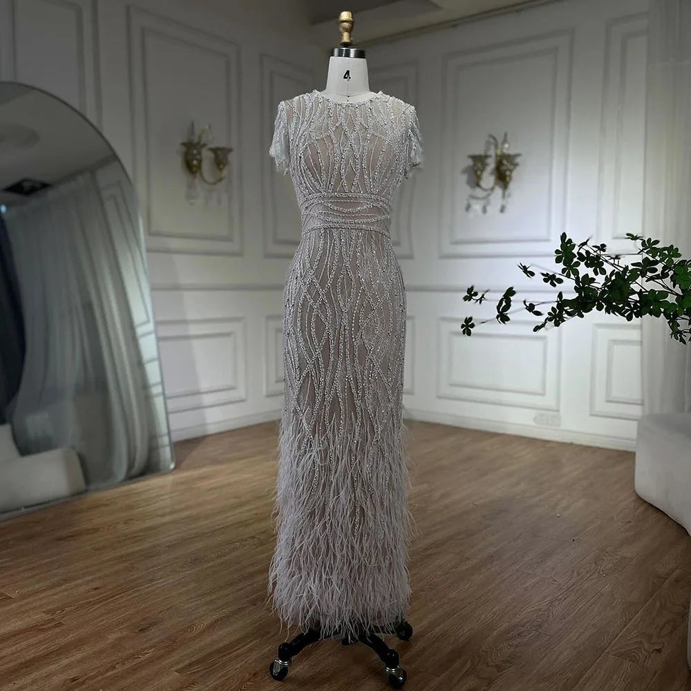 Elegant White Beaded Ankle-Length Evening Dress with Feathers - LA72076A | Perfect for Prom, Gala & Formal Events