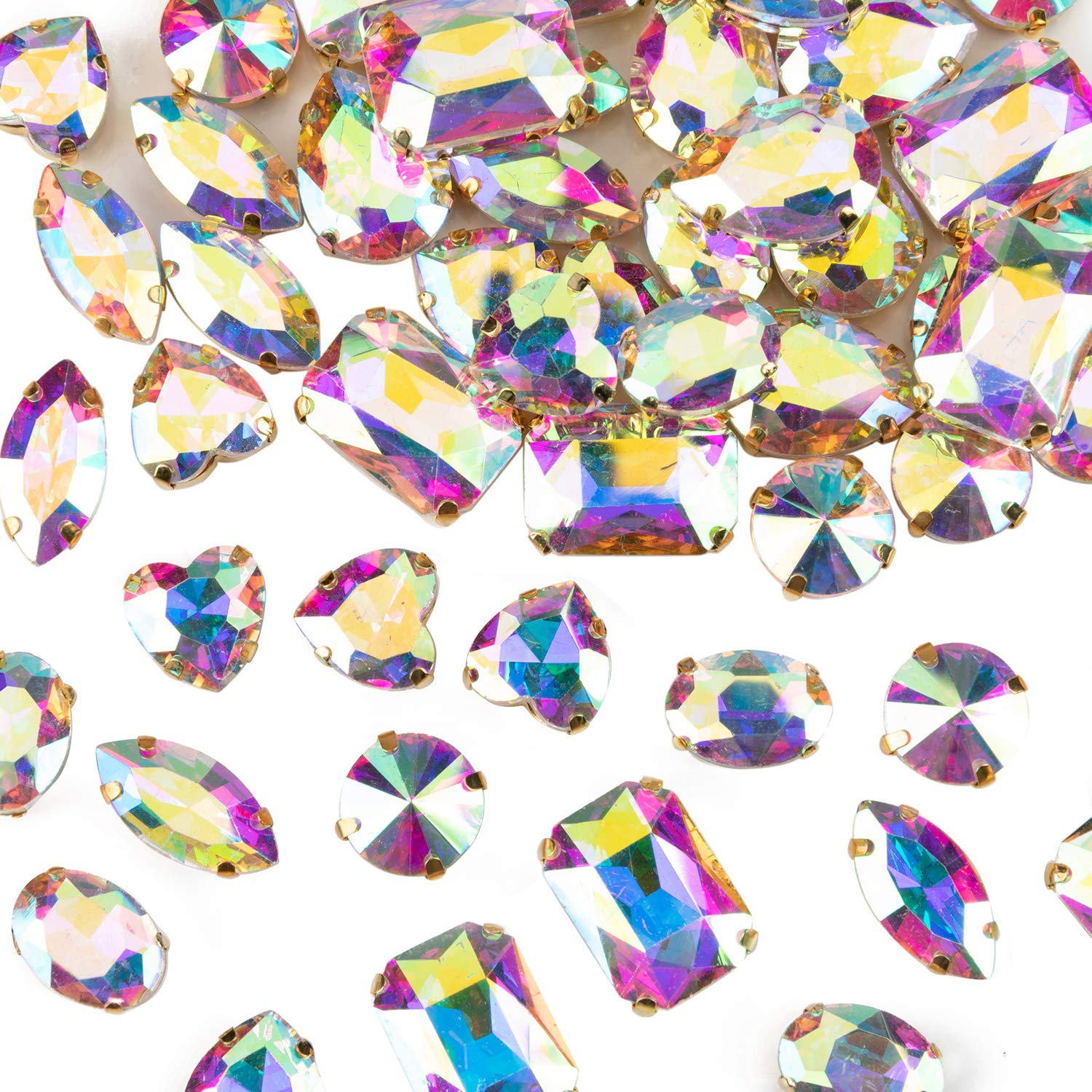48PCS Large Gold Sew On Rhinestones - Mixed Shapes Brass Claw Gems with Crystal AB Glass Stones for DIY Crafts, Clothing, Dresses, Shoes & Costume Jewelry (Copper Gold Claw) - Perfect for Embellishing Evening Gowns, Bridal Wear & Fashion Accessories