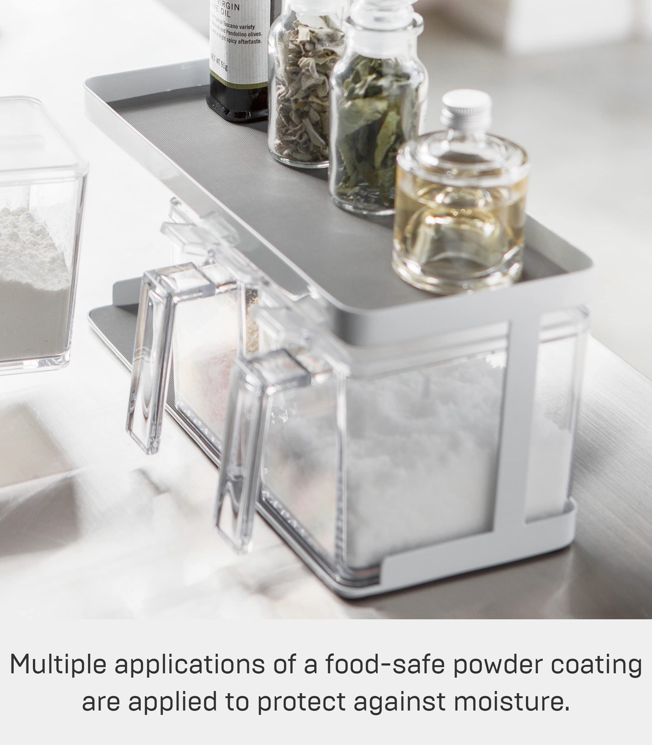 Yamazaki Home Pantry Canisters with Rack - Kitchen Storage Containers Organizer | Stainless Steel & Plastic Food Storage Canisters | White Airtight Canisters for Flour, Sugar, Coffee, Tea | Perfect for Pantry, Countertop & Kitchen Organization