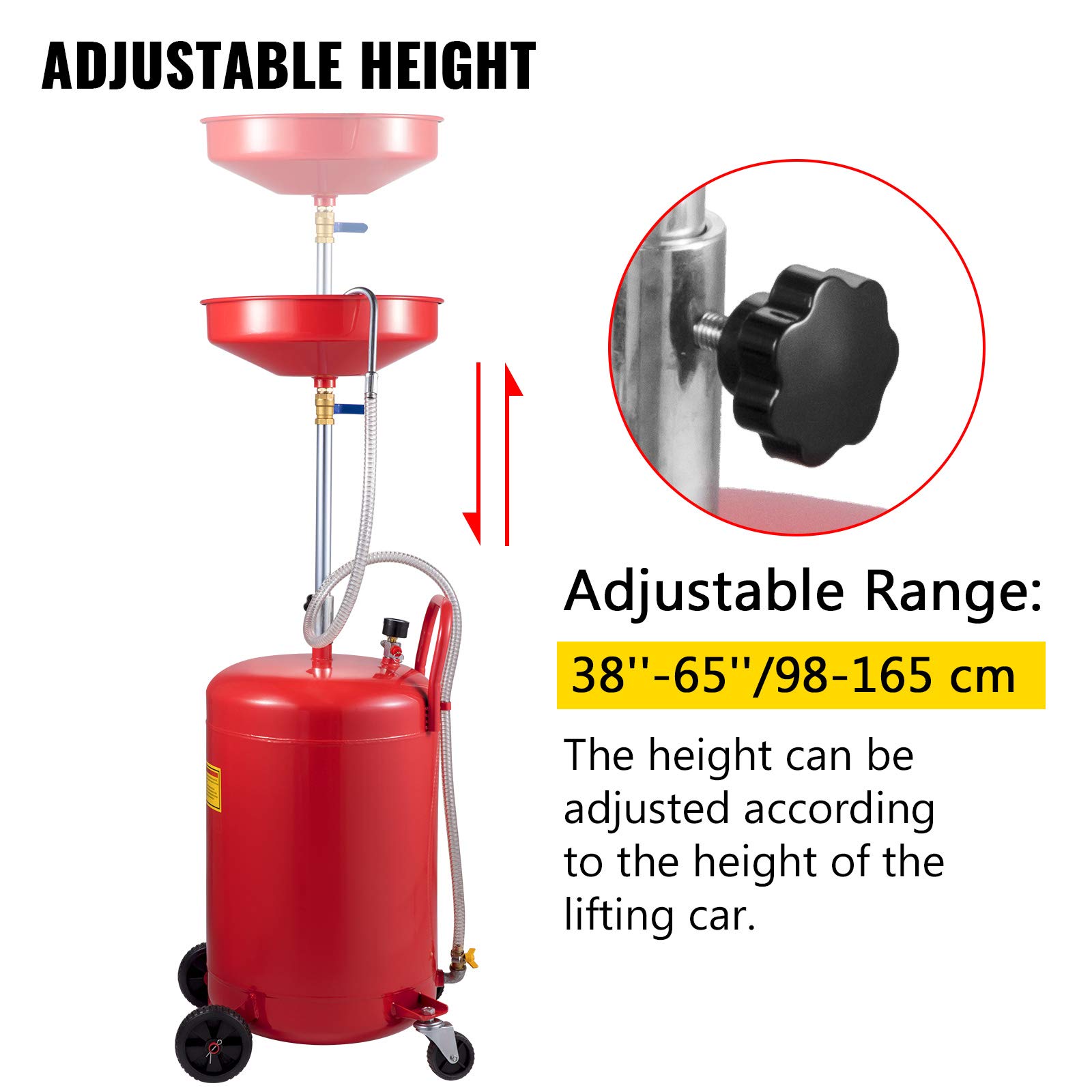 VEVOR 20 Gallon Portable Waste Oil Drain Tank - Air Operated Oil Change Container with Adjustable Funnel Height & Wheels for Easy Fluid Fuel Transfer | Perfect for Auto Shops, DIY Garage Oil Changes & Industrial Drainage Solutions