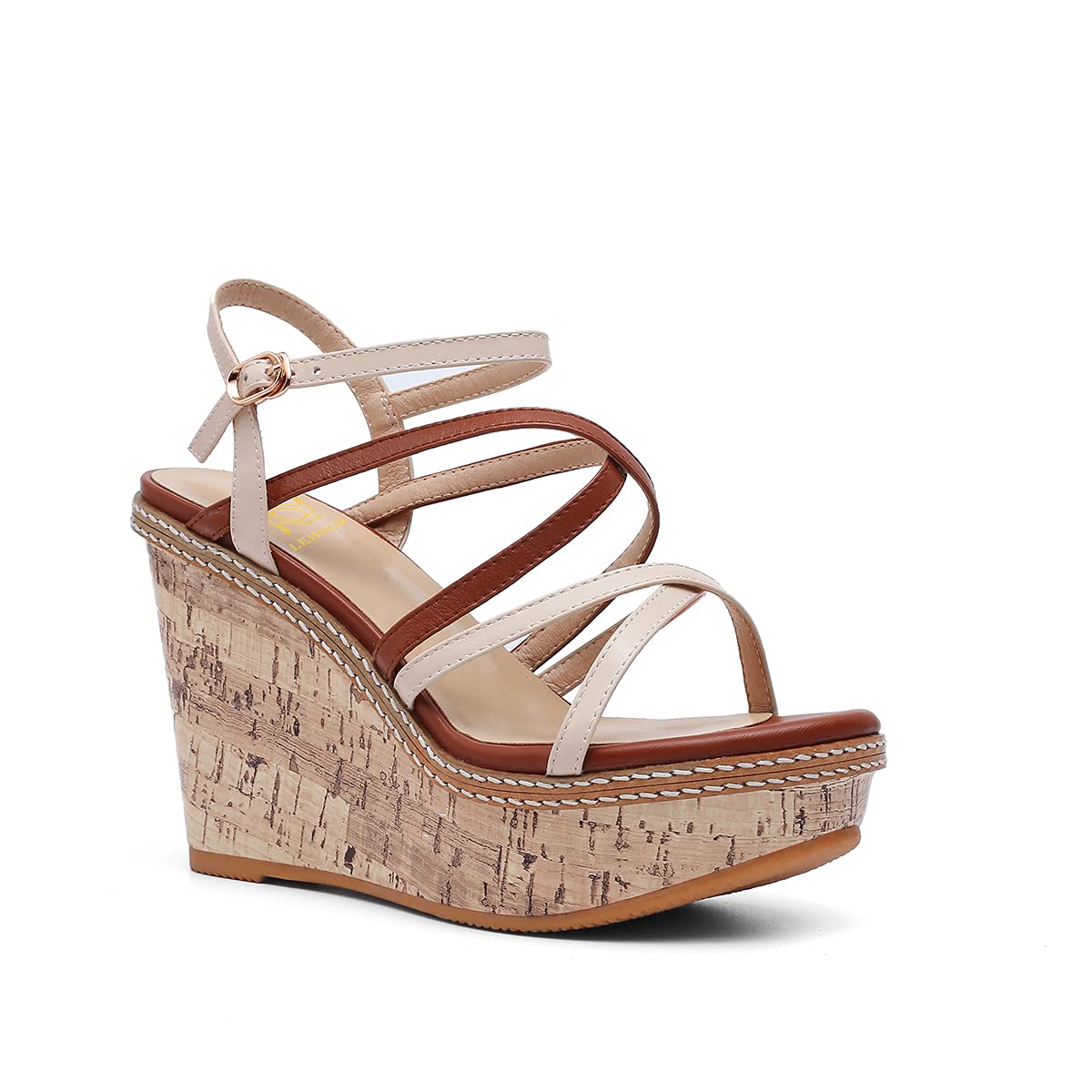 LEHOOR Women's Wedge Sandals Strappy Platform Cork Wedges Round Open Toe Ankle Buckle Strap Two-Toned Matte Leather Summer Shoes - 4 Inch Heel for Casual, Beach, Dress & Fashion Outfits (Size 4-9 M US) | Perfect for Vacations, Weddings & Summer Parties