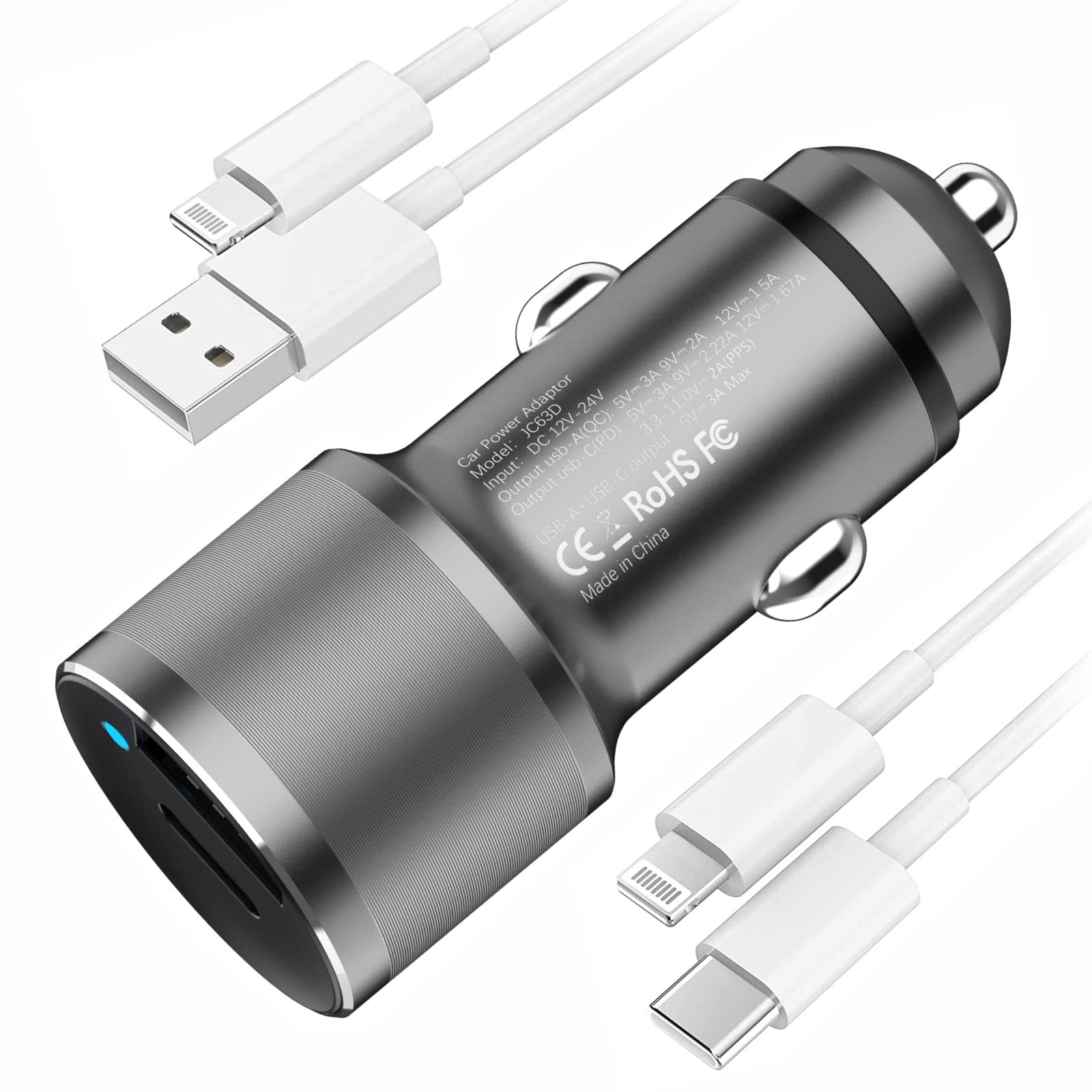MOCA 38W Fast Car Charger Dual USB C Port with Power Delivery & QC3.0 - All Metal Lighter Design - Includes 2 Pack PD Lightning Cables - Compatible with iPhone 13/12/11 Pro/XS/XR/SE/X/8, iPad & AirPods - Perfect for Road Trips & Daily Commute Charging
