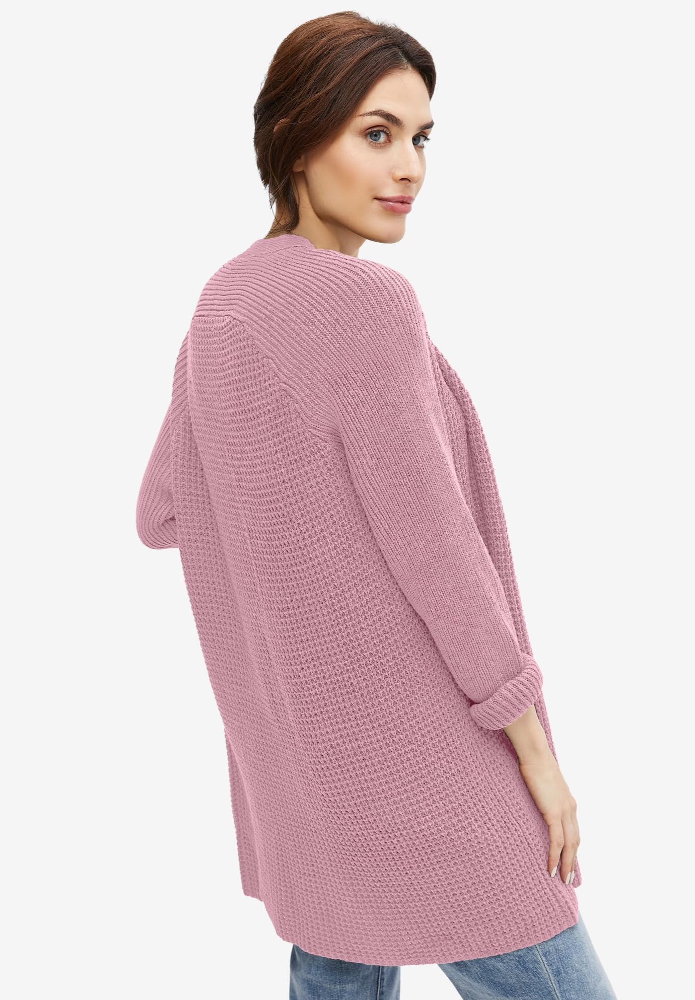 Ellos Women's Plus Size Open Front Waffle Cardigan - Oversized Long Lightweight Sweater for Casual Wear & Layering | Perfect for Office, Lounge & Fall Outfits