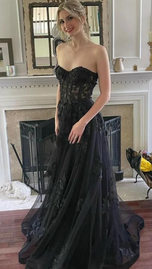 Elegant Black Tulle Strapless Long Prom Dress with Lace Detail - Formal Evening Gown for Homecoming, Quinceañera & Special Occasions - Style J4275