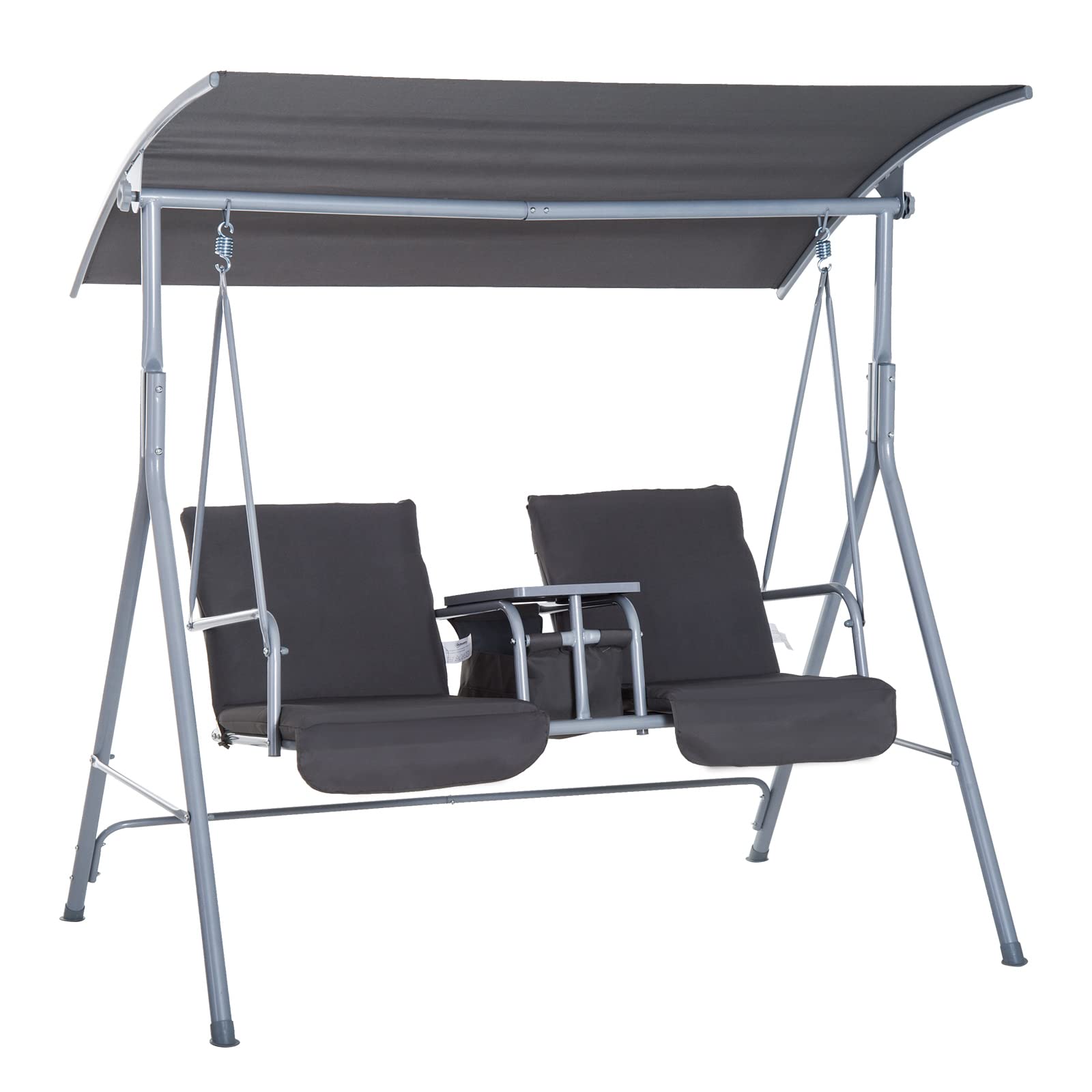 Outsunny 2-Person Outdoor Porch Swing with Stand & Canopy - Patio Swing Chair with Pivot Storage Table, 2 Cup Holders & Cushions - Perfect for Backyard, Garden, Deck Relaxation (Gray)