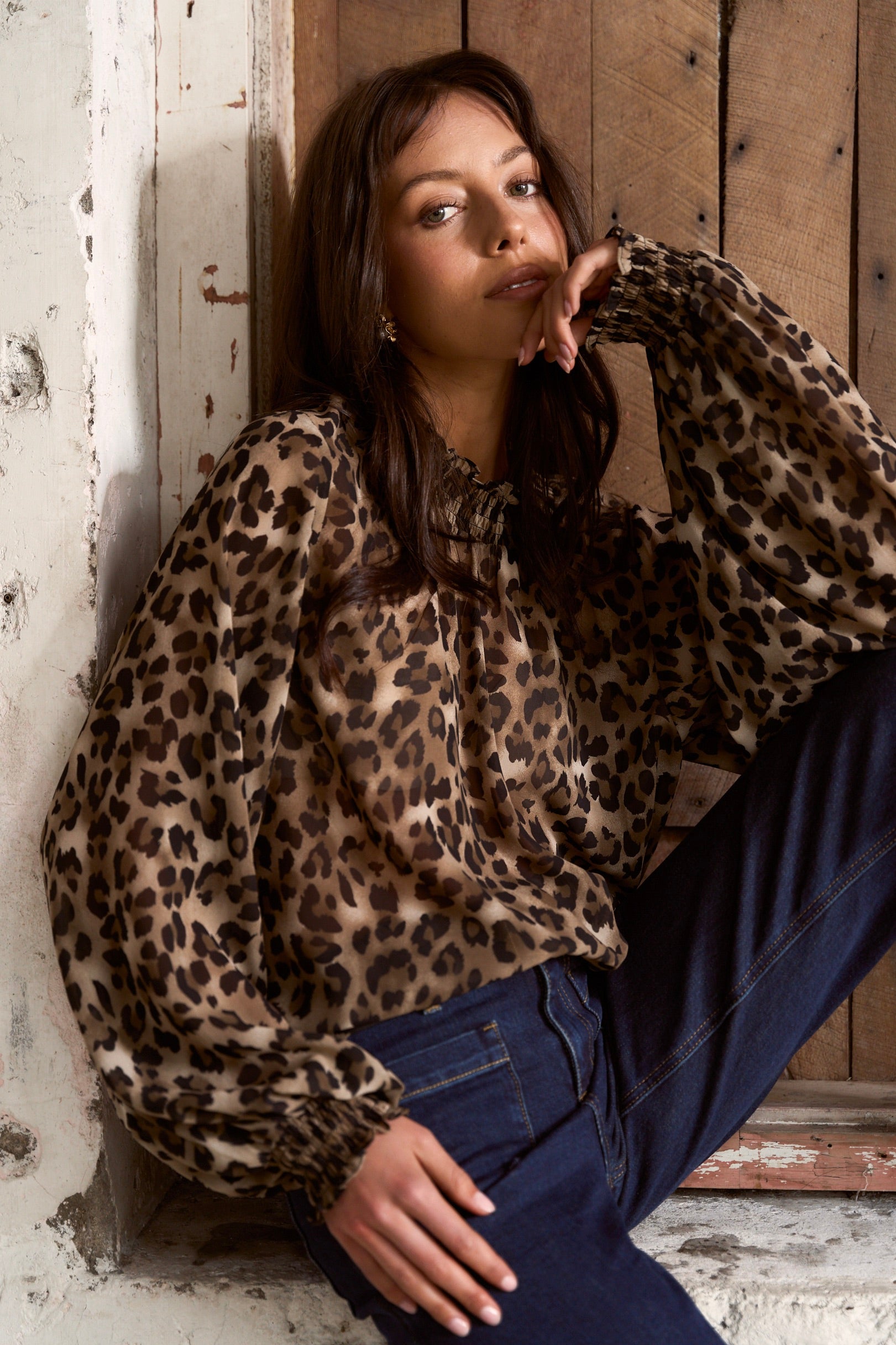 Elegant Leopard Print Georgette High Neck Long Sleeve Blouse for Women - Perfect for Office Wear, Date Nights & Special Occasions