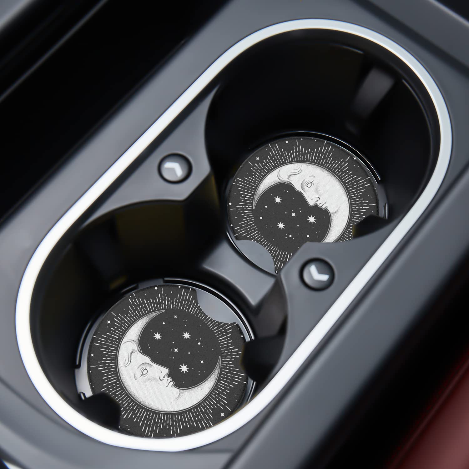 2 Pack Absorbent Car Cup Holder Coasters - Cute Moon Man Anime Cartoon Character Design, Rubber Non-Slip Automotive Accessories for Women & Men | Perfect Gift for Car Lovers, Office Use & Travel
