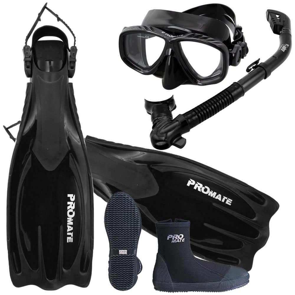 Promate Scuba Dive Fins, Boots & Dry Snorkel Mask Set - Professional Diving Gear for Underwater Exploration (Model SCS0063) | Perfect for Snorkeling, Scuba Diving & Ocean Adventures