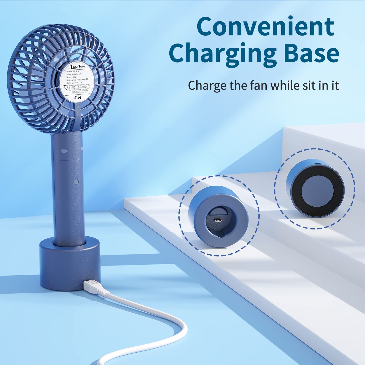 Portable Rechargeable Handheld Fan with Built-in Power Bank - Mini Personal Cooling Fan for Women, Desk, Travel, Beach, Office & Outdoor Use (Royal Blue) - Perfect for Makeup, Camping & Summer Activities