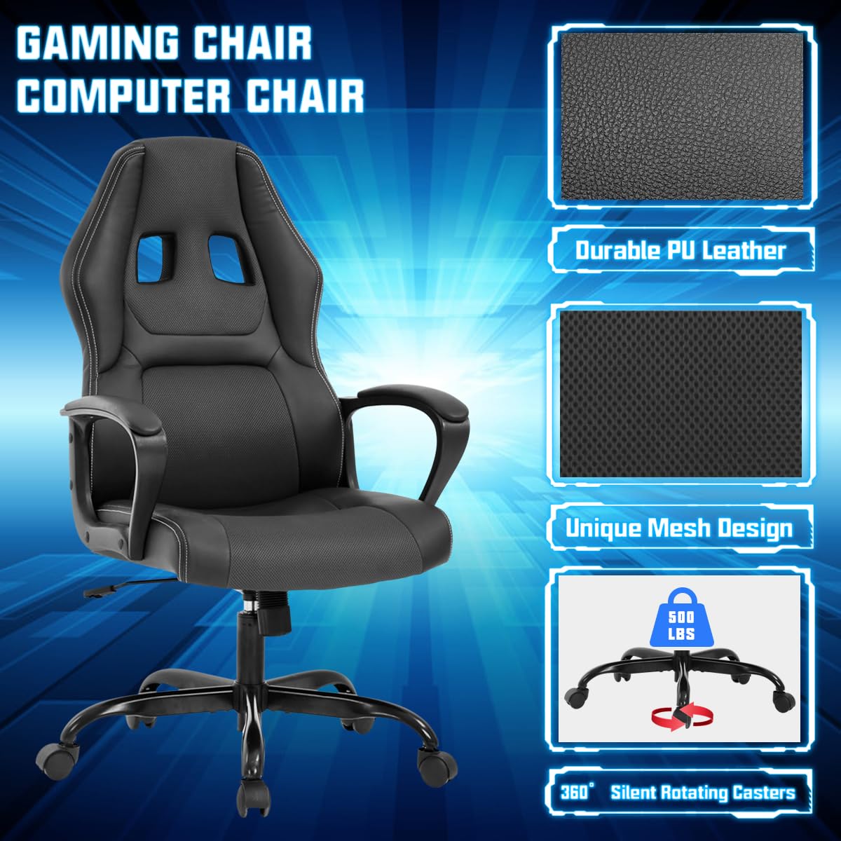 Ergonomic Gaming Chair with Lumbar Support - Adjustable High Back PU Leather Computer Desk Chair for Adults & Teens - Swivel Rolling Office Chair for PC Gaming, Work & Study - Black