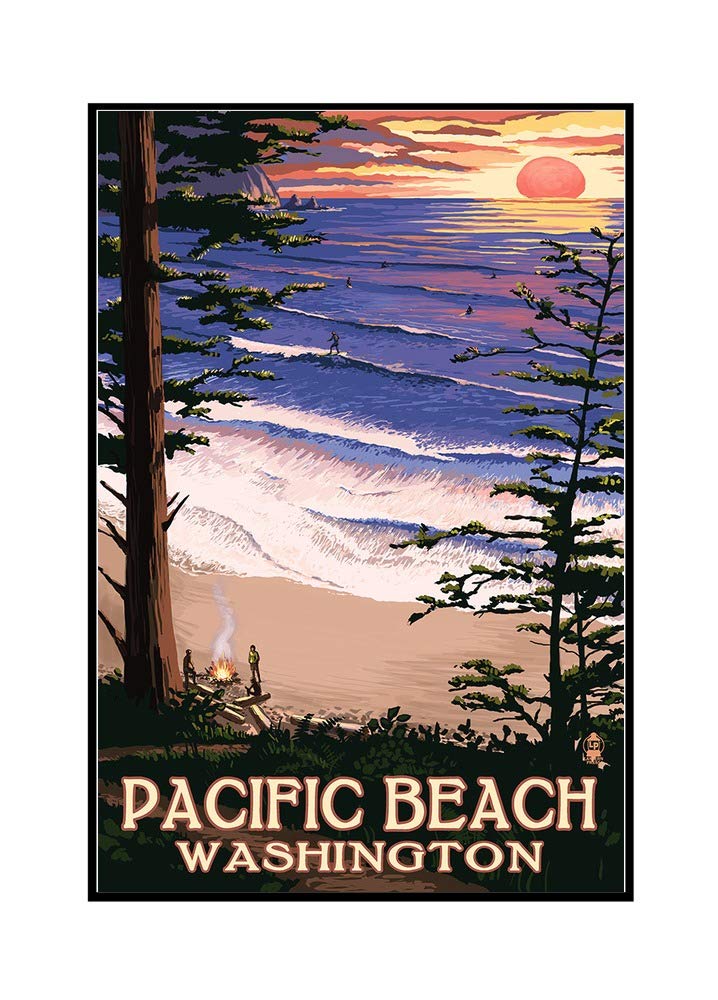 Pacific Beach Sunset Surfers Artwork - 12x18 Stretched Canvas with Wooden Frame for Coastal Home Decor & Living Room Wall Art