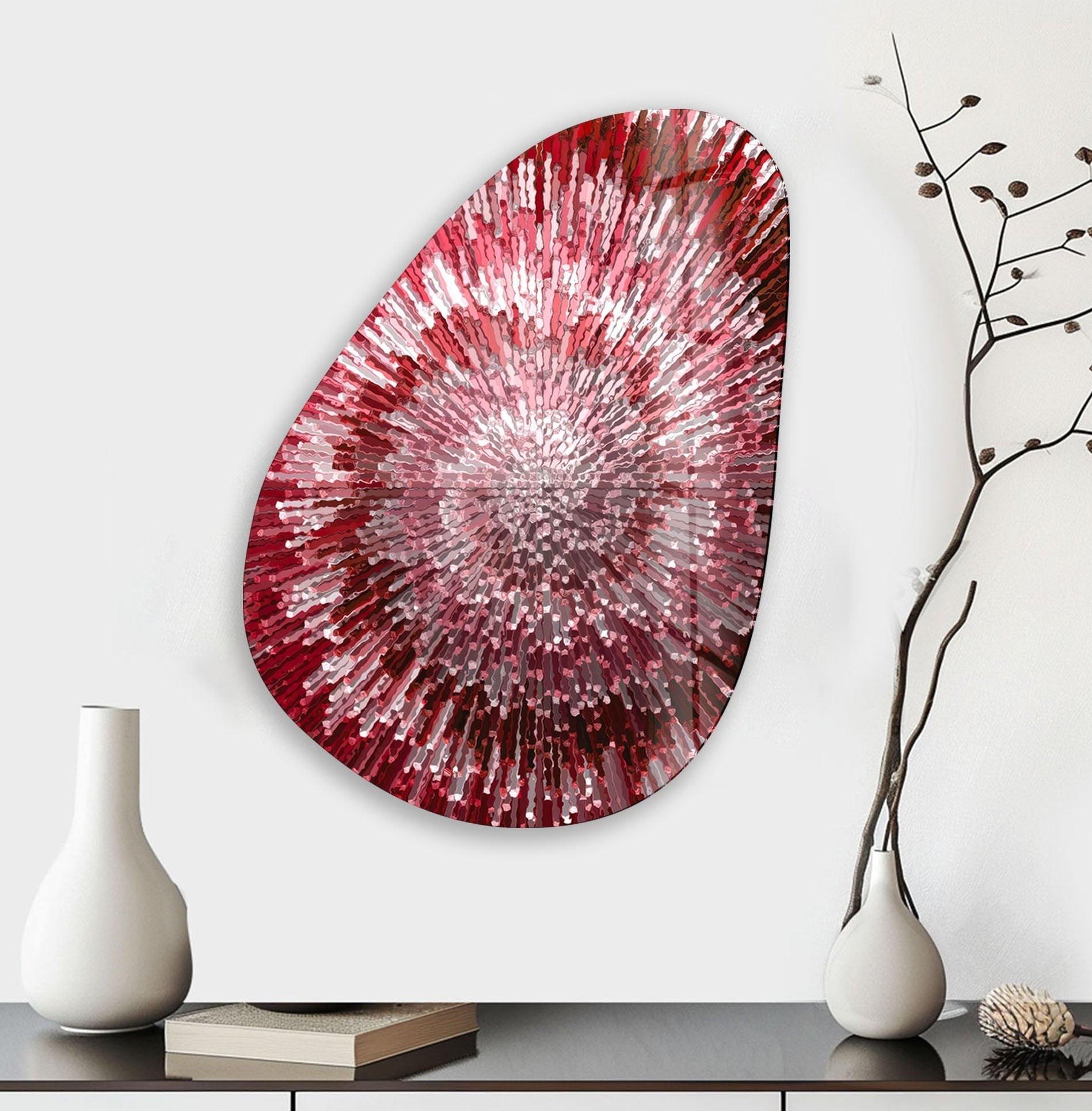 Abstract Red Asymmetrical Oval Glass Wall Art - Modern Home Decor for Living Room, Bedroom & Office