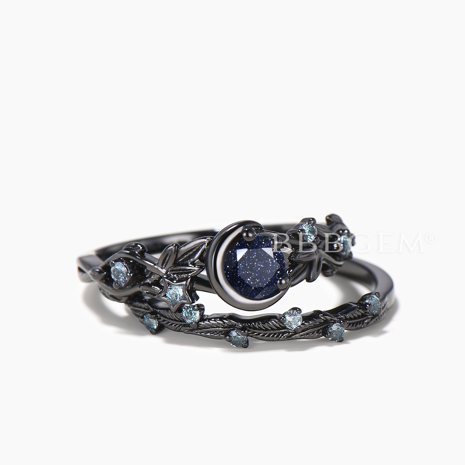 Blue Sandstone & Alexandrite Moon Engagement Ring Set with Leaf Design – Perfect for Bridal, Wedding, and Anniversary Jewelry Gifts