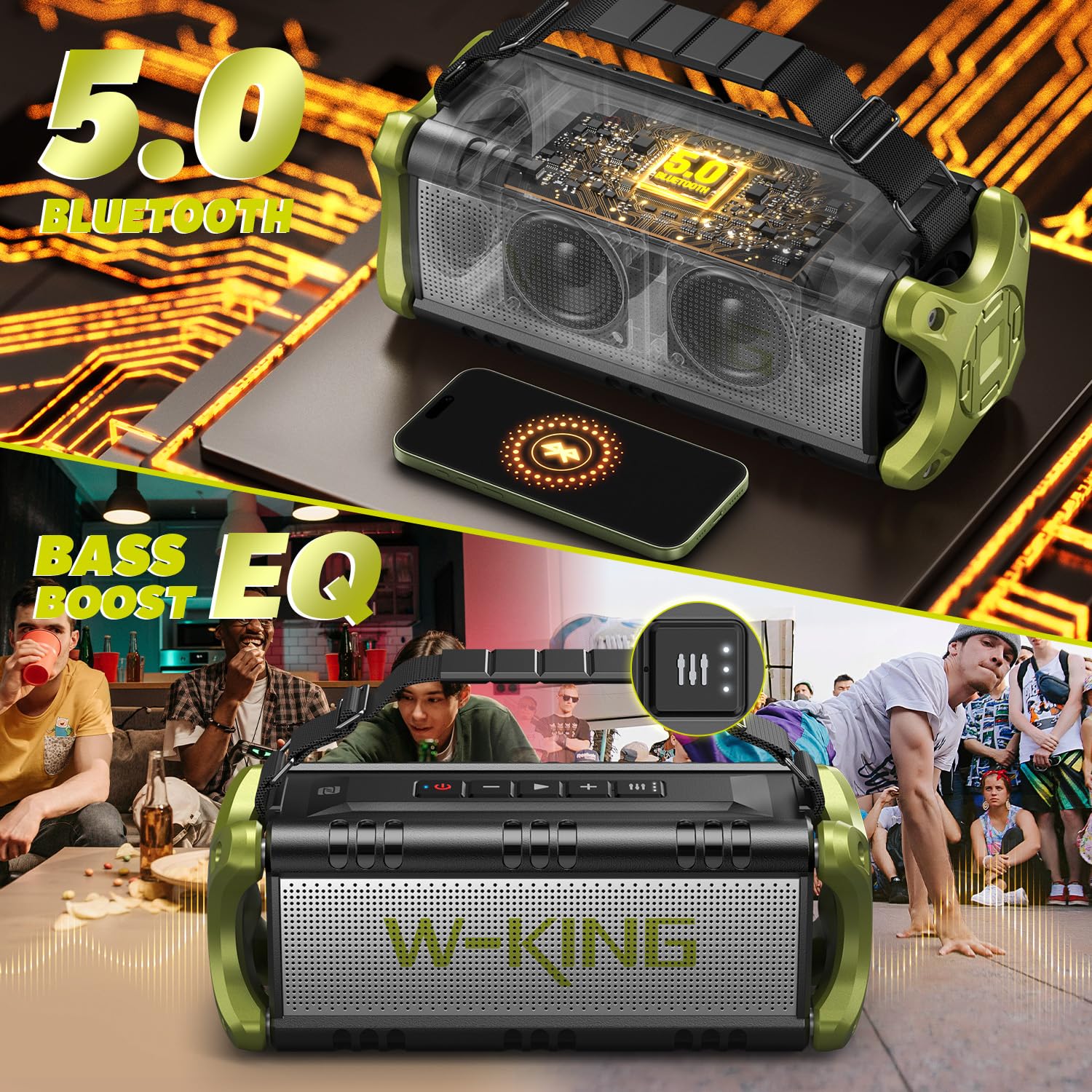 W-King 90W Peak Power Bluetooth Speaker - Portable Wireless Speaker with Deep Bass Subwoofer, IPX6 Waterproof, 40H Playtime, EQ & Stereo Pairing | Perfect for Camping, Beach Parties, Backyard BBQs & Outdoor Adventures