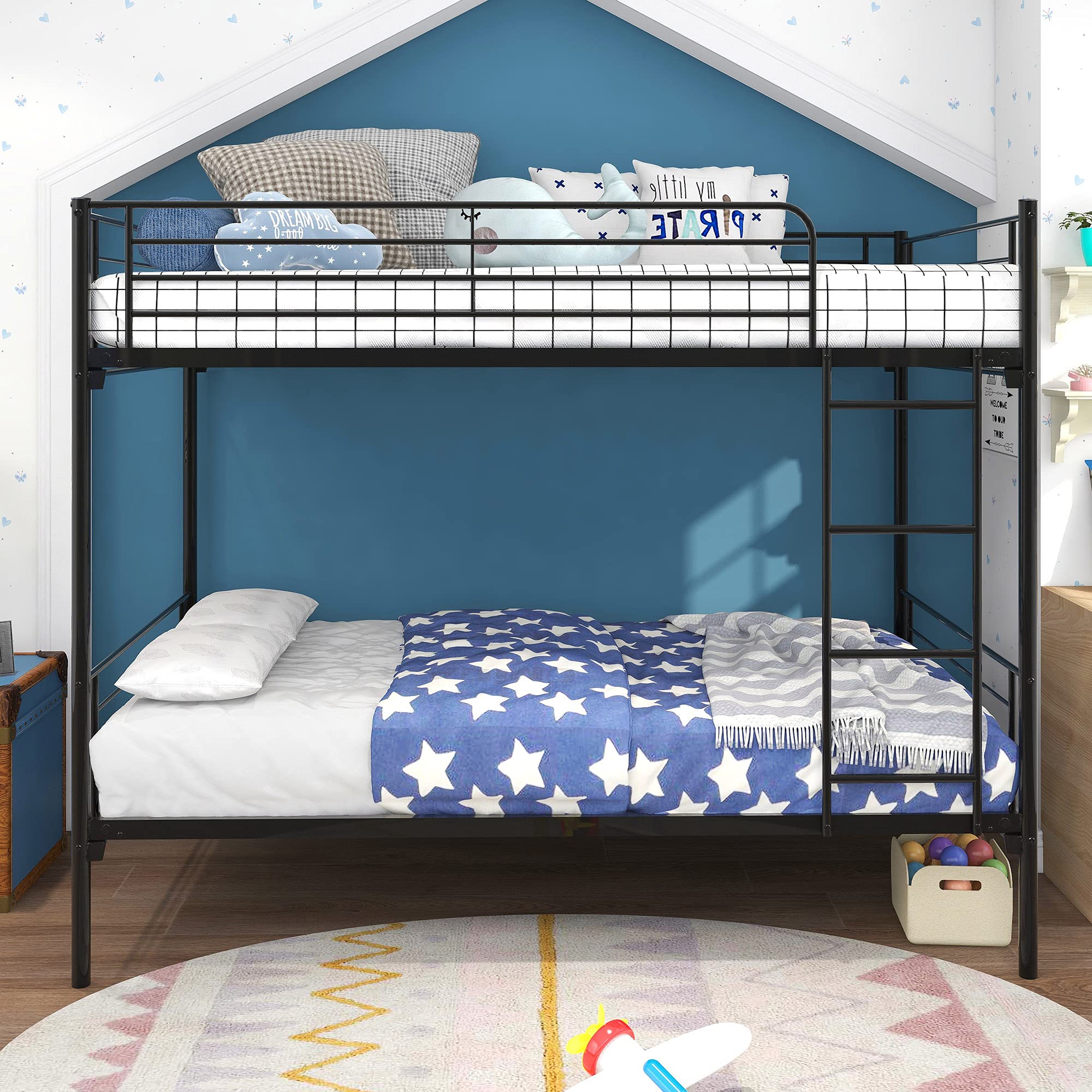 Twin Over Twin Metal Bunk Bed with Ladder & Storage - Space Saving Double Layer Bed for Kids, Teens & Adults - Perfect for Small Bedrooms, Dorms & Guest Rooms (Black)