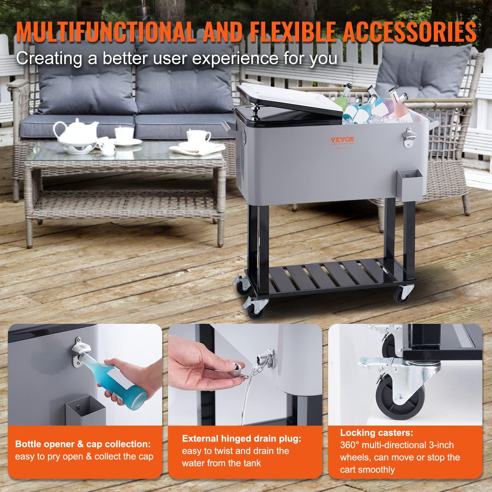 VEVOR 80 Quart Rolling Ice Chest Cooler Cart with Wheels & Handles - Portable Beverage Cooler for Drinks, Beer, Wine - Outdoor Bar Cart for Patio, Backyard, Pool Parties, Camping & Tailgating - Includes Bottle Opener (Silver)