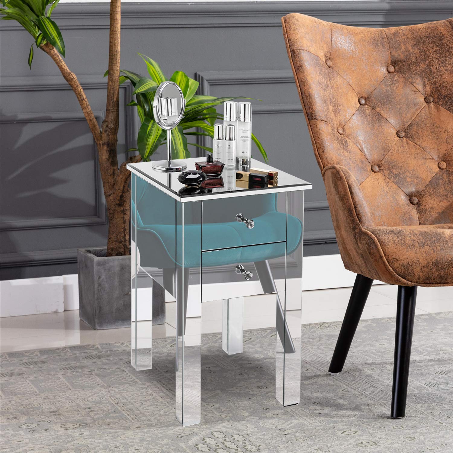 Mirrored End Table with 2 Drawers - Silver Nightstand & Accent Table with Crystal Knobs for Bedroom & Living Room | Modern Mirror Finish Side Table for Home Decor, Vanity & Guest Room
