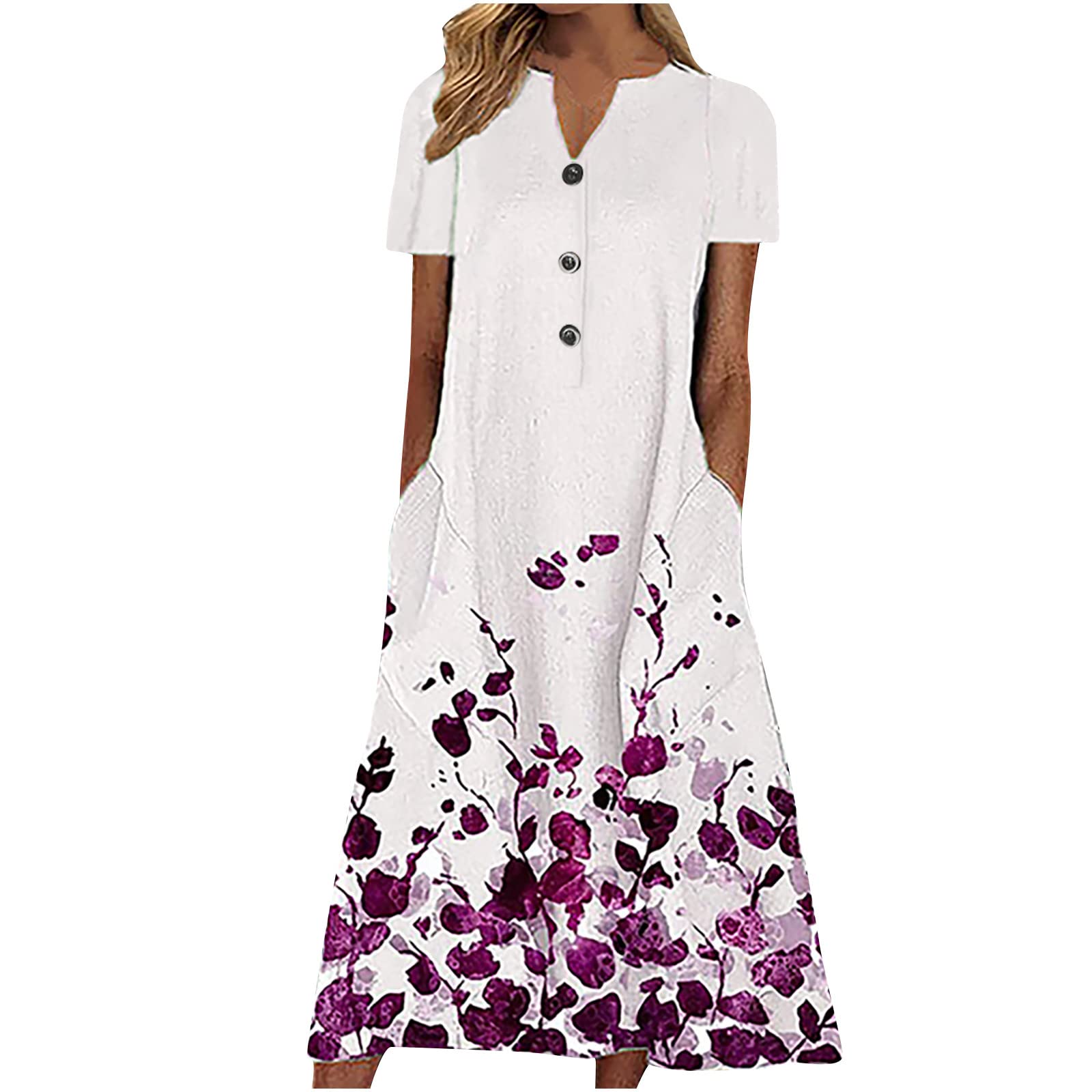 Plus Size Summer Dress for Women - Floral Print V-Neck Short Sleeve Casual Button Down Dress with Pockets | Perfect for Vacation, Beach Outings & Summer Parties